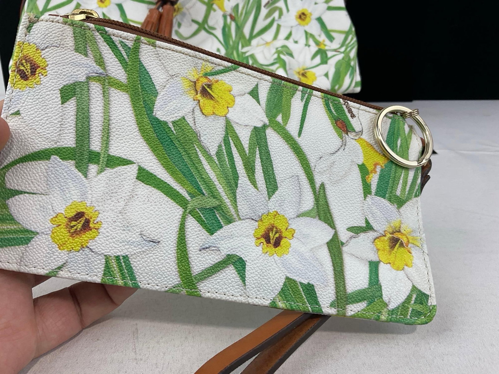 Dooney & Bourke Drawstring Tote & Wristlet Daffodil Pattern w/White Background & Tan Leather - 3
