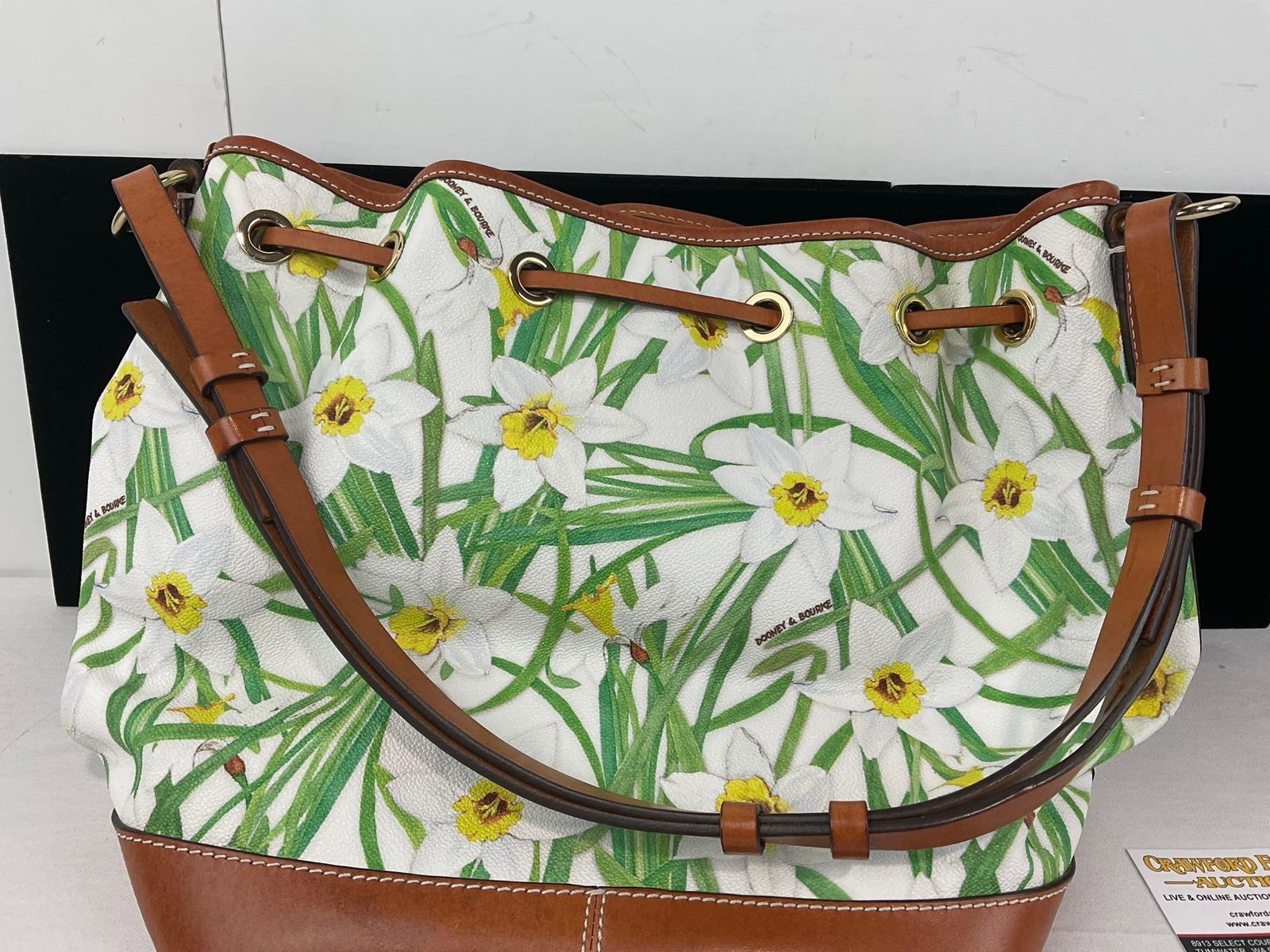 Dooney & Bourke Drawstring Tote & Wristlet Daffodil Pattern w/White Background & Tan Leather - 6