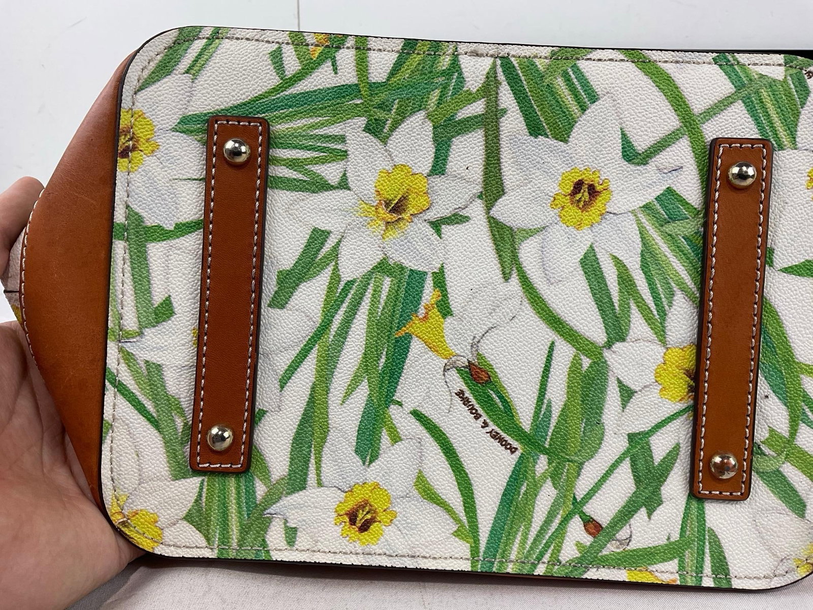 Dooney & Bourke Drawstring Tote & Wristlet Daffodil Pattern w/White Background & Tan Leather - 7