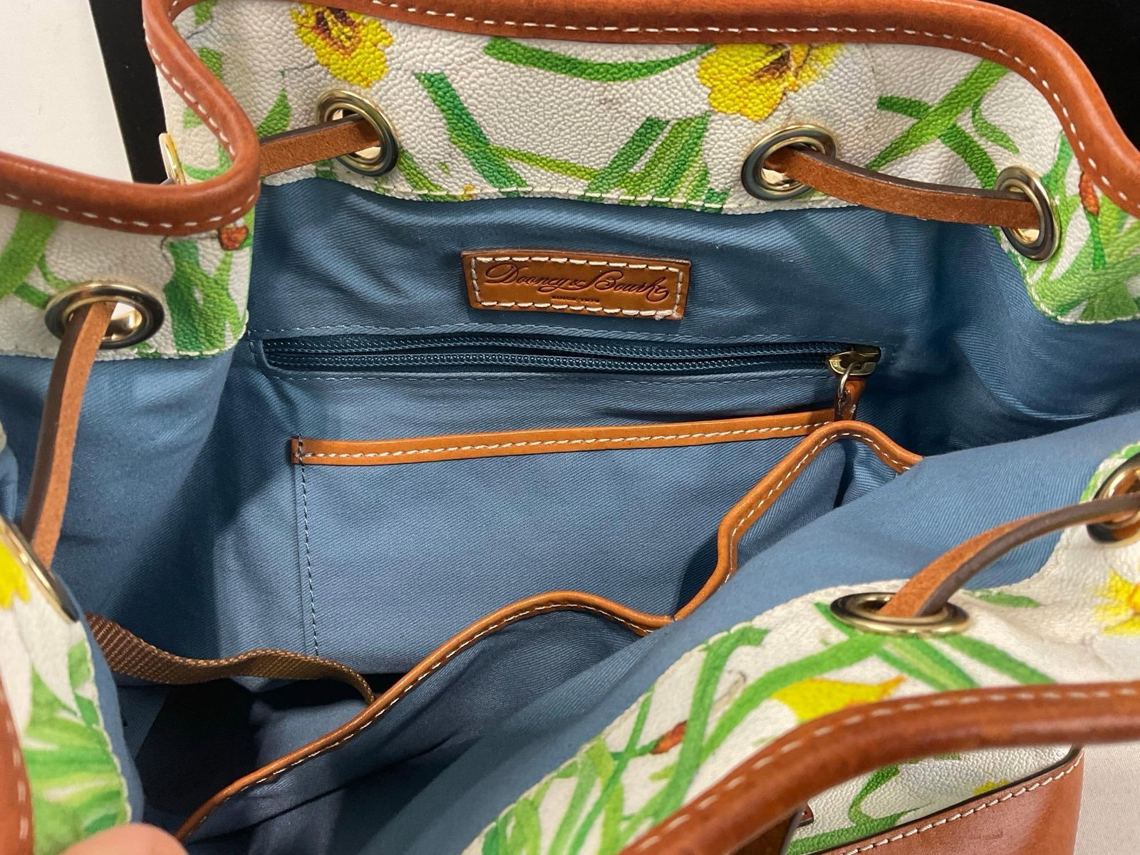 Dooney & Bourke Drawstring Tote & Wristlet Daffodil Pattern w/White Background & Tan Leather - 8