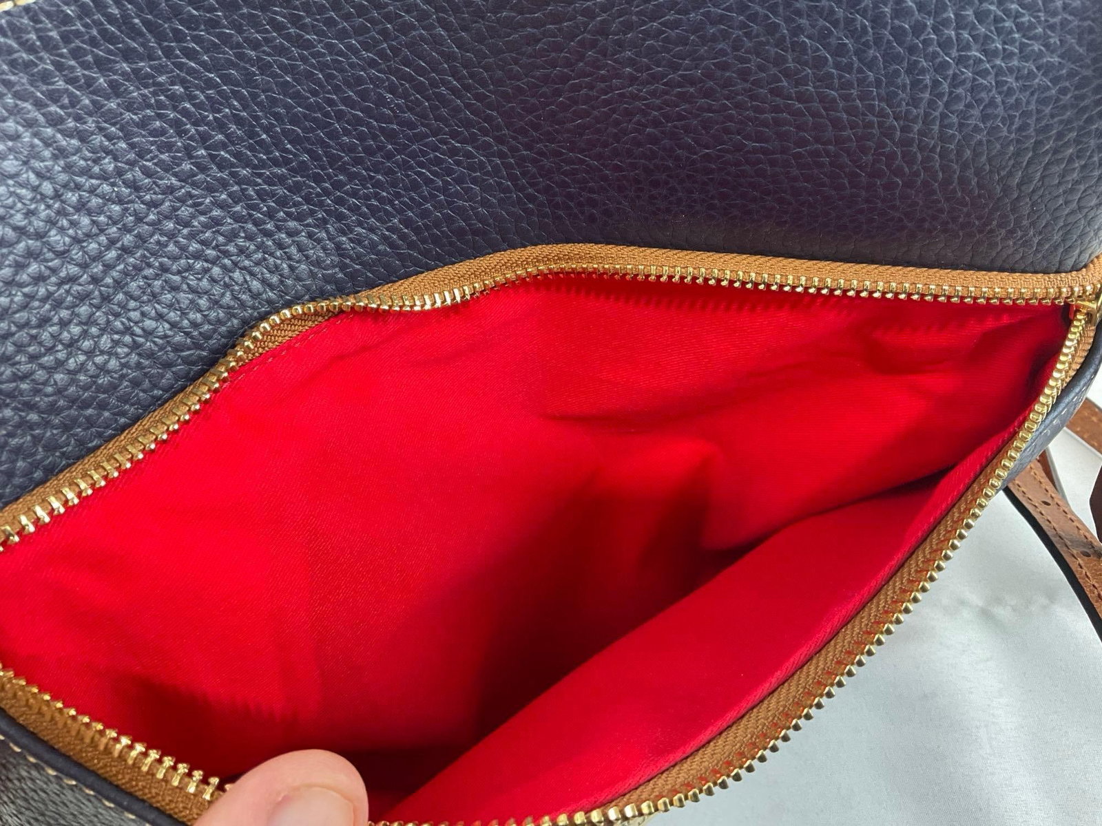 Dooney & Bourke Leather Crossbody Bag, Midnight Blue w/bright red liner, Brown Leather - 4