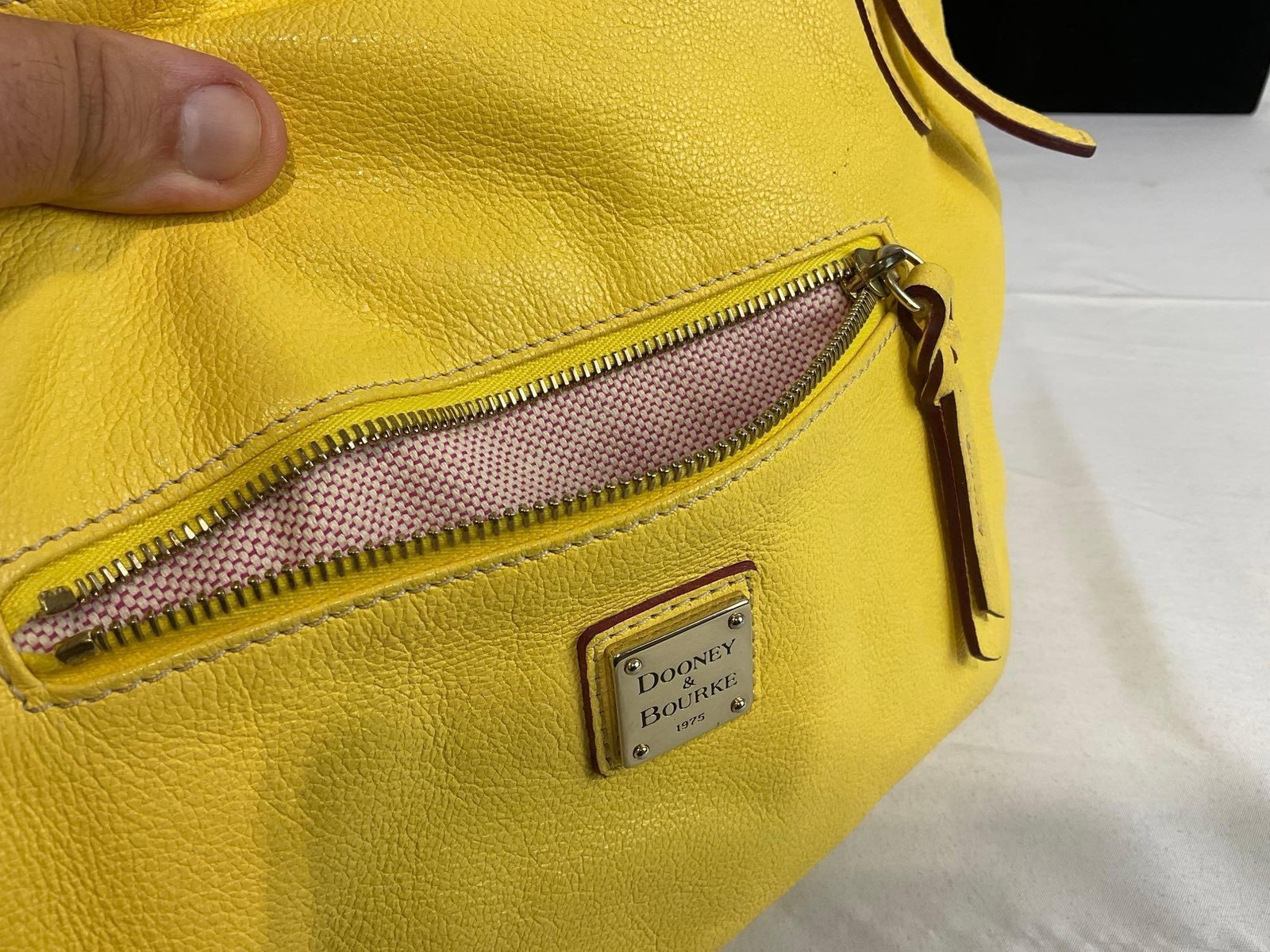 Dooney & Bourke Pale Yellow Leather Shoulder Bag, w/Pink/White Lining - 5