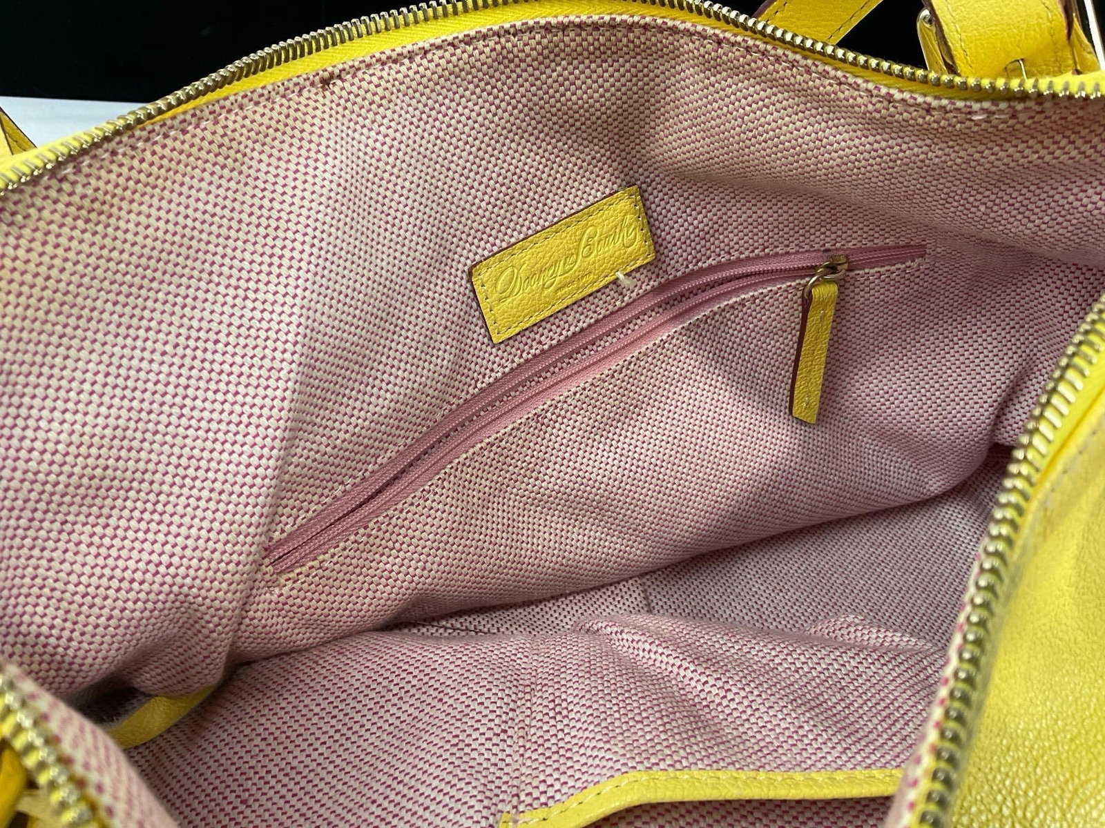 Dooney & Bourke Pale Yellow Leather Shoulder Bag, w/Pink/White Lining - 6