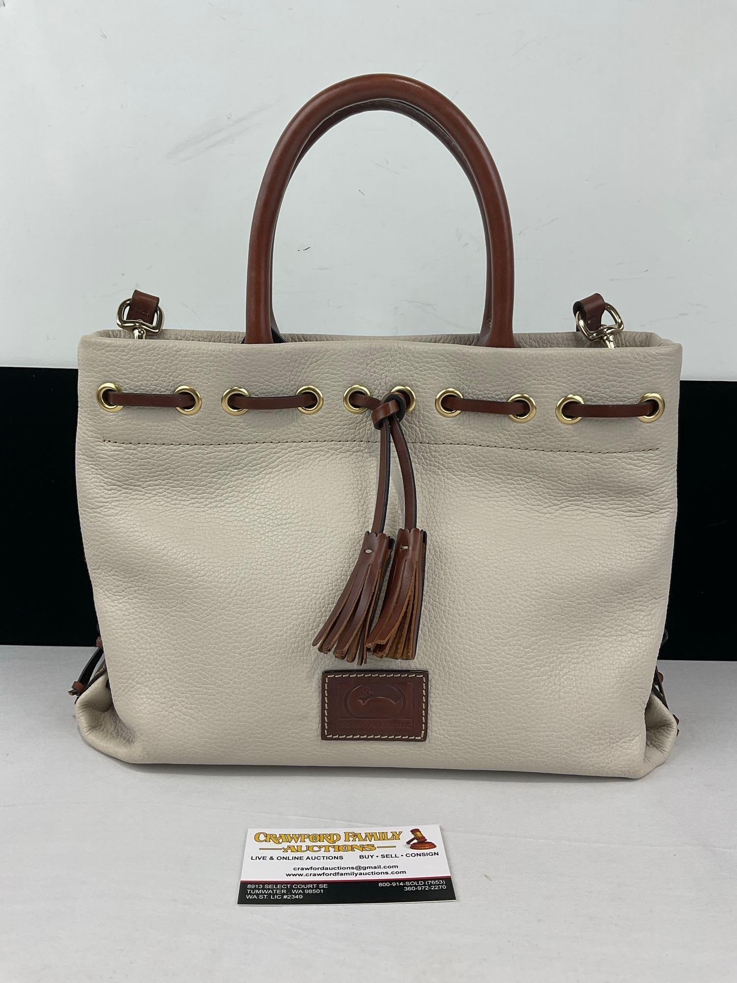 Dooney & Bourke Cream Pebbled Leather Wakefield pattern, Dark Brown Leather, Red Lining - 2