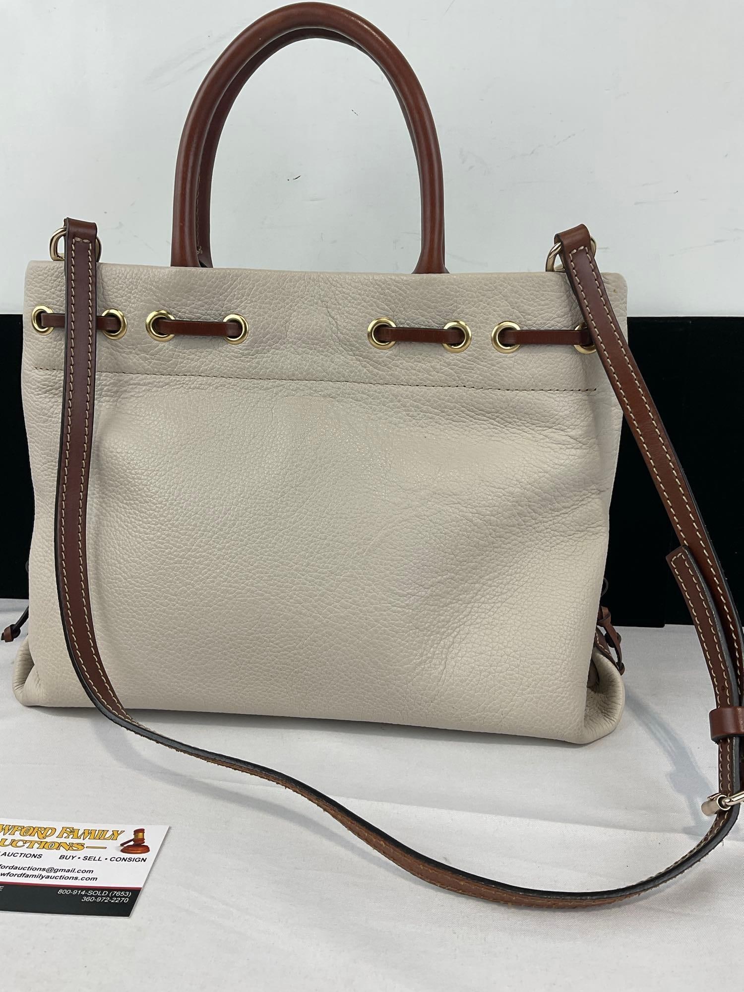 Dooney & Bourke Cream Pebbled Leather Wakefield pattern, Dark Brown Leather, Red Lining - 3