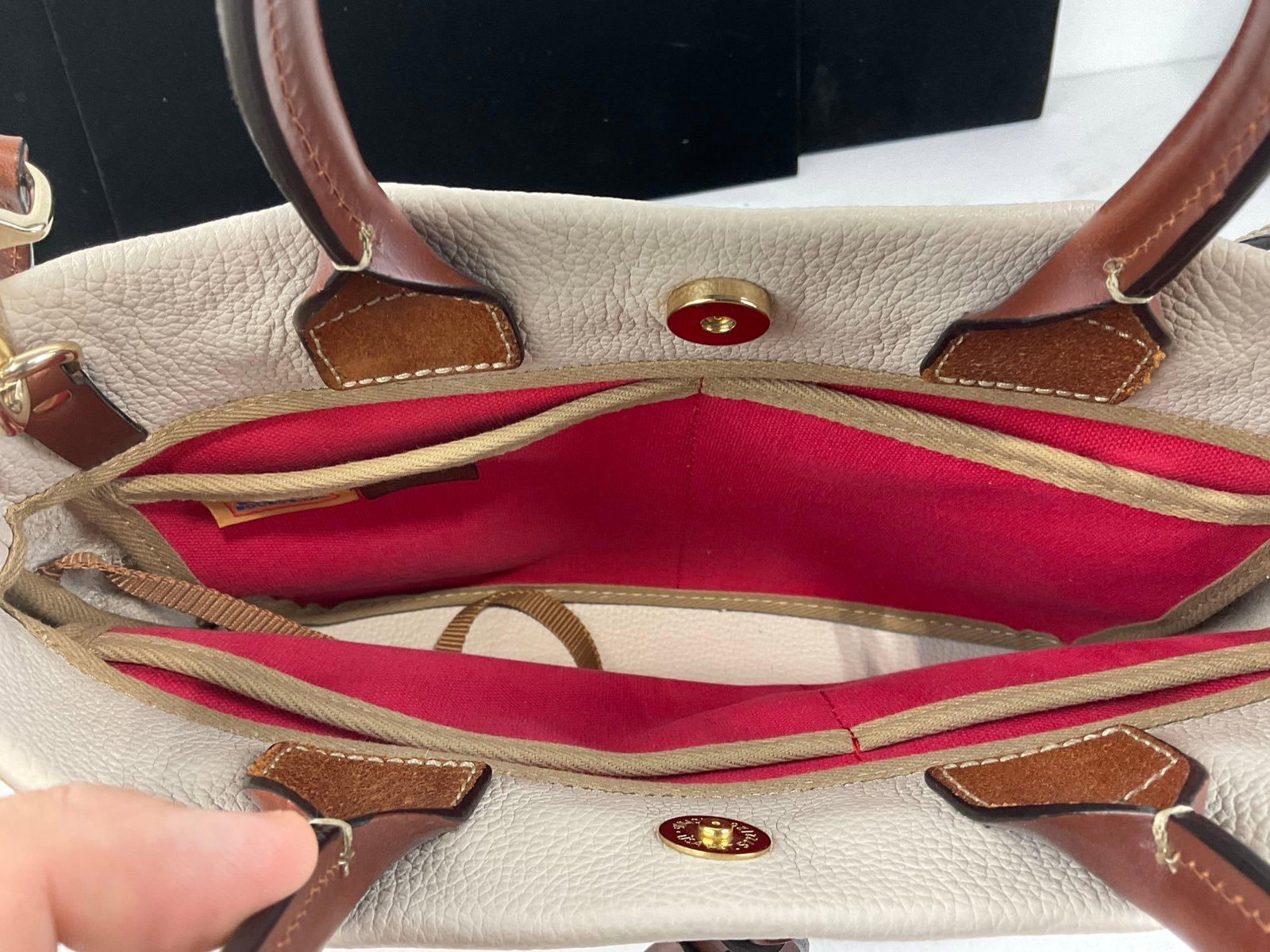 Dooney & Bourke Cream Pebbled Leather Wakefield pattern, Dark Brown Leather, Red Lining - 5