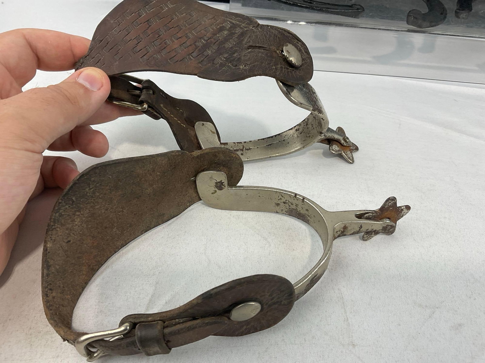 3 Cast Iron Horseshoes & Pair of Aluminum Spurs w/Leather Straps - 2