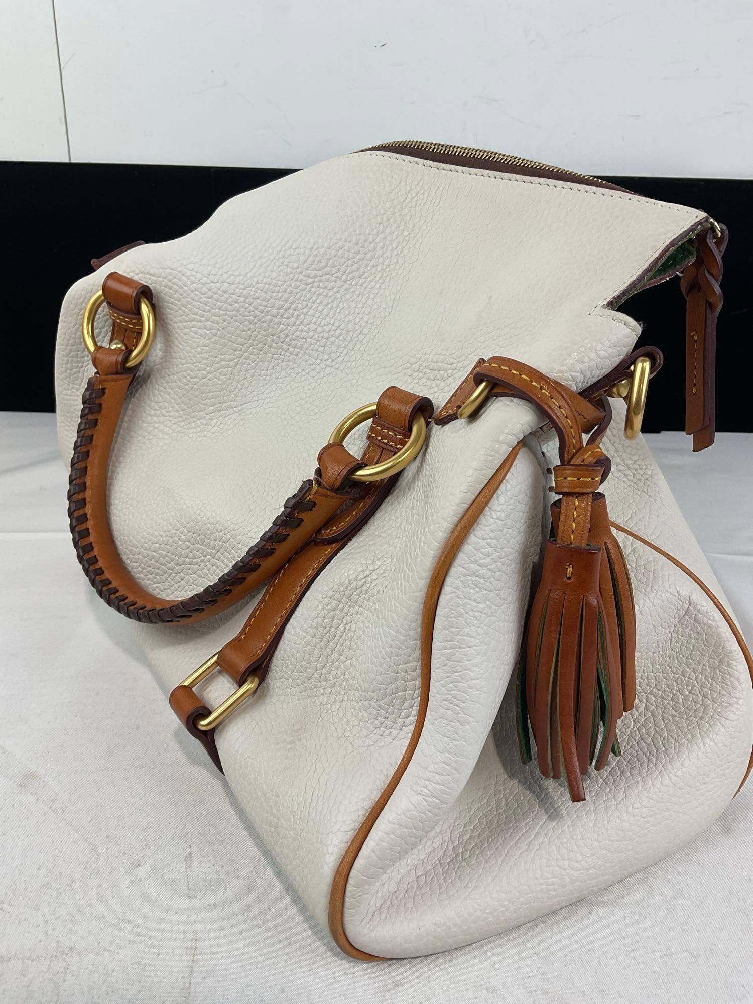 Dooney & Bourke Tote Purse, White Pebble Leather w/Tan Leather Accents, Velvet Green & Red Lining - 3