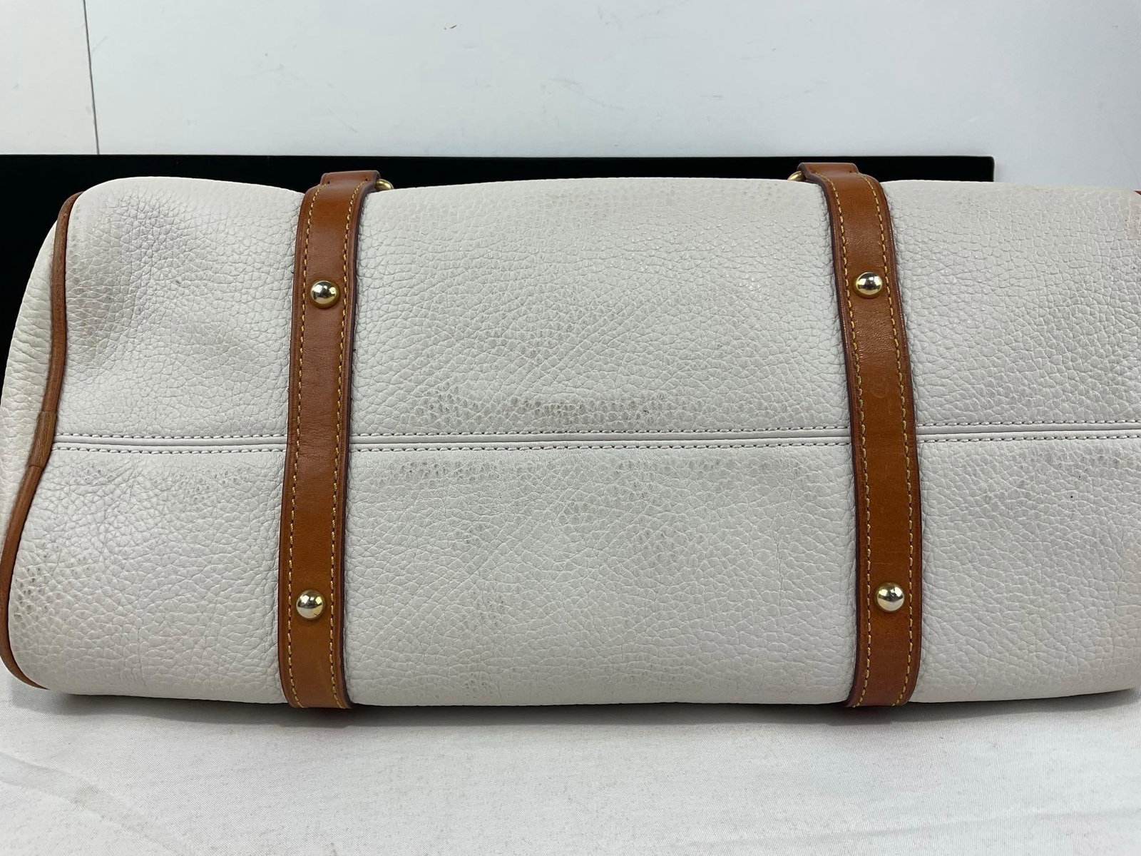 Dooney & Bourke Tote Purse, White Pebble Leather w/Tan Leather Accents, Velvet Green & Red Lining - 4