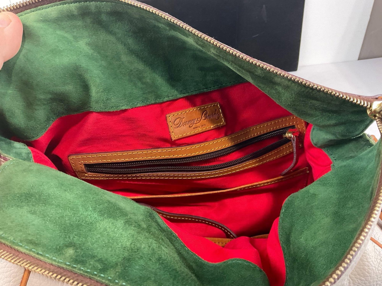 Dooney & Bourke Tote Purse, White Pebble Leather w/Tan Leather Accents, Velvet Green & Red Lining - 5