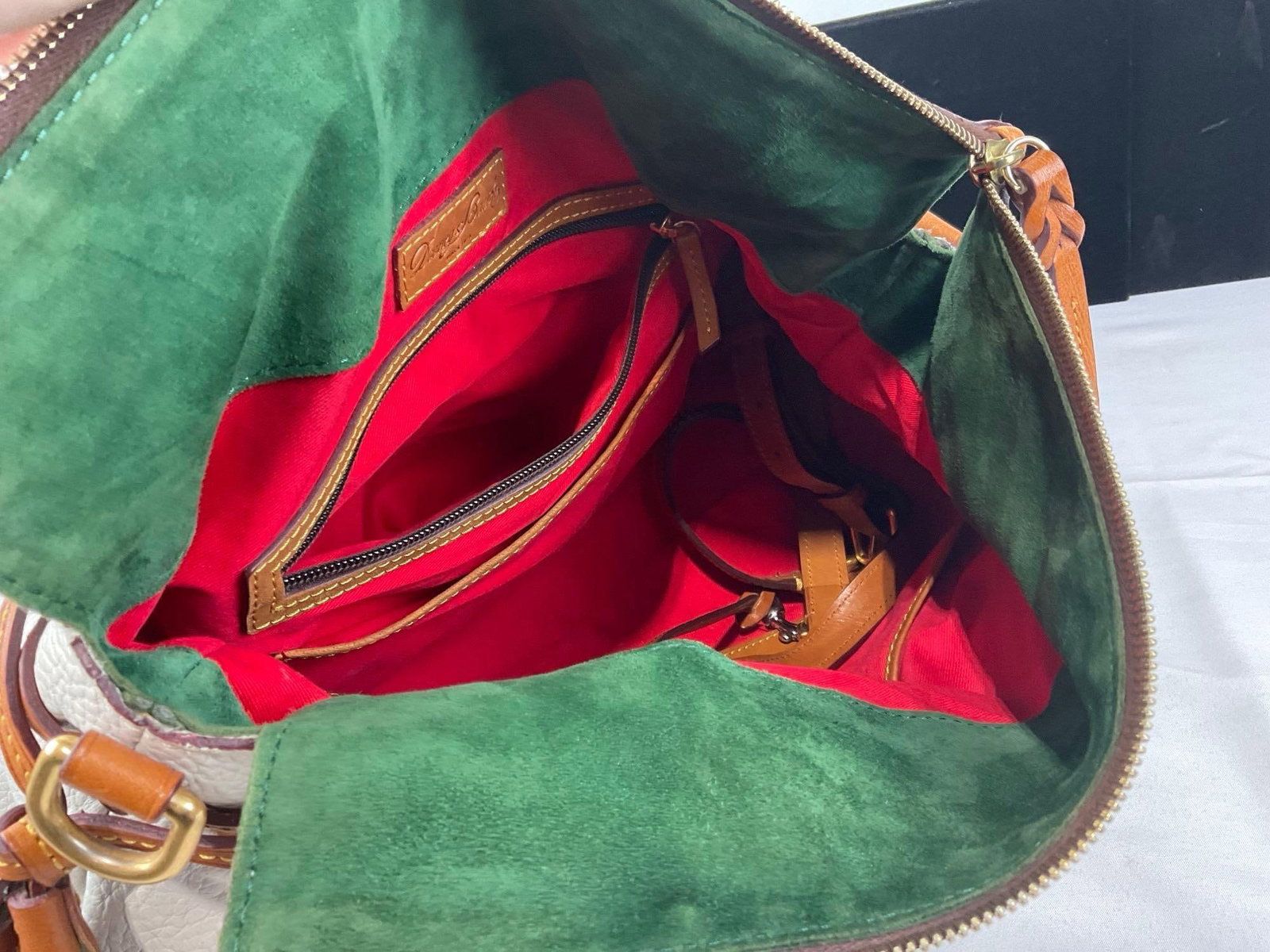 Dooney & Bourke Tote Purse, White Pebble Leather w/Tan Leather Accents, Velvet Green & Red Lining - 6