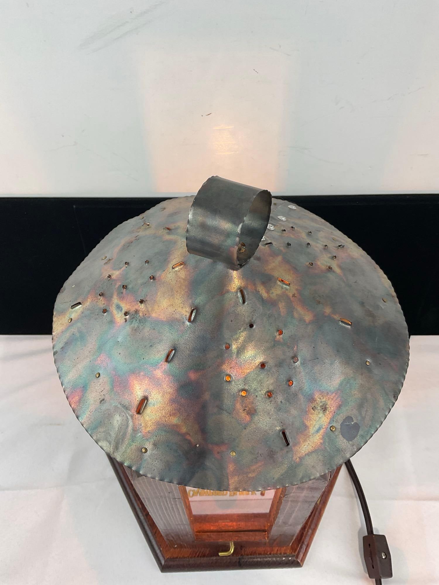Wooden Hanging Lantern Amber Light, w/Hammered Copper Roof 15h x 10w x 10d inches, tested, works - 2