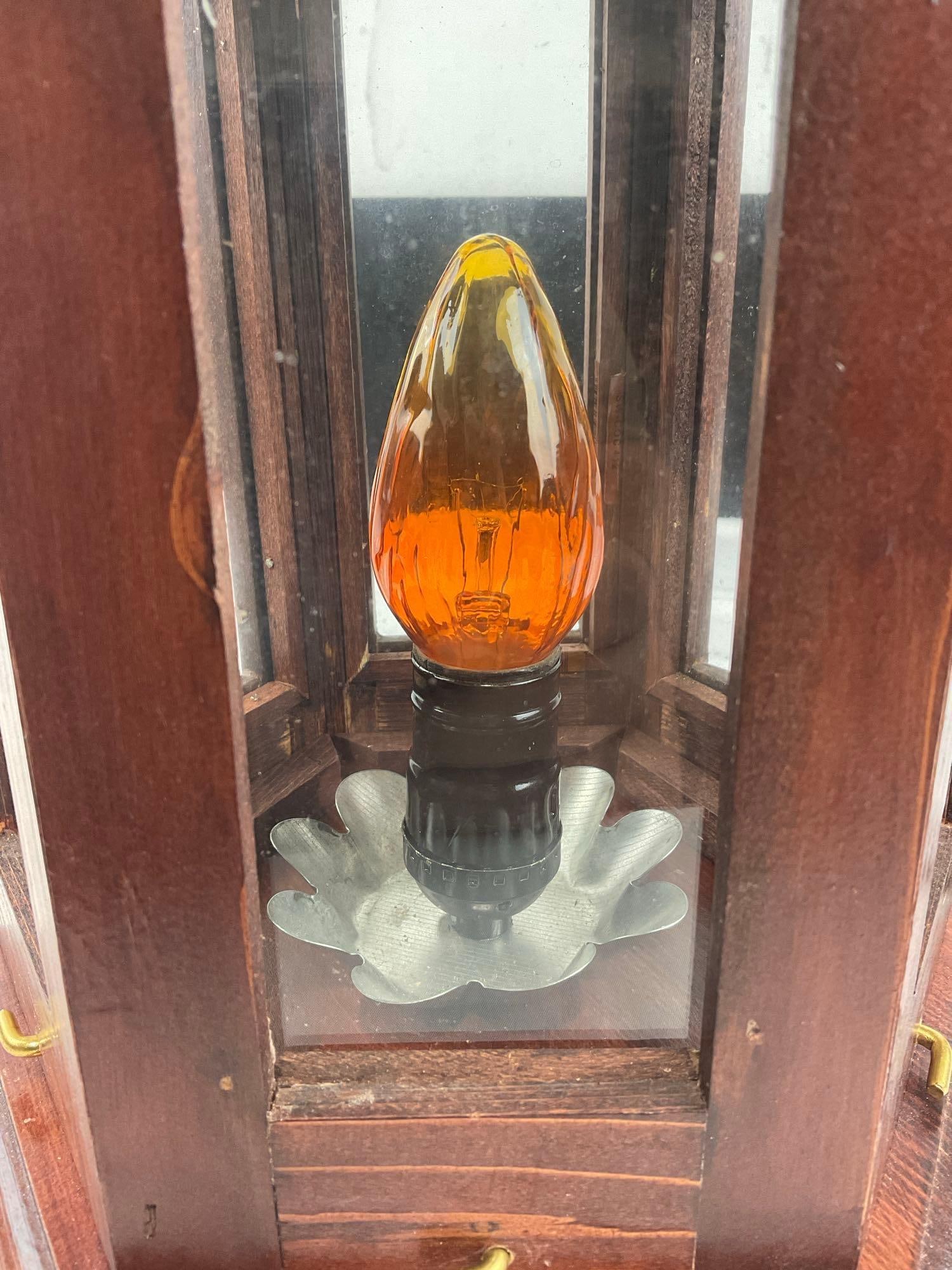 Wooden Hanging Lantern Amber Light, w/Hammered Copper Roof 15h x 10w x 10d inches, tested, works - 3