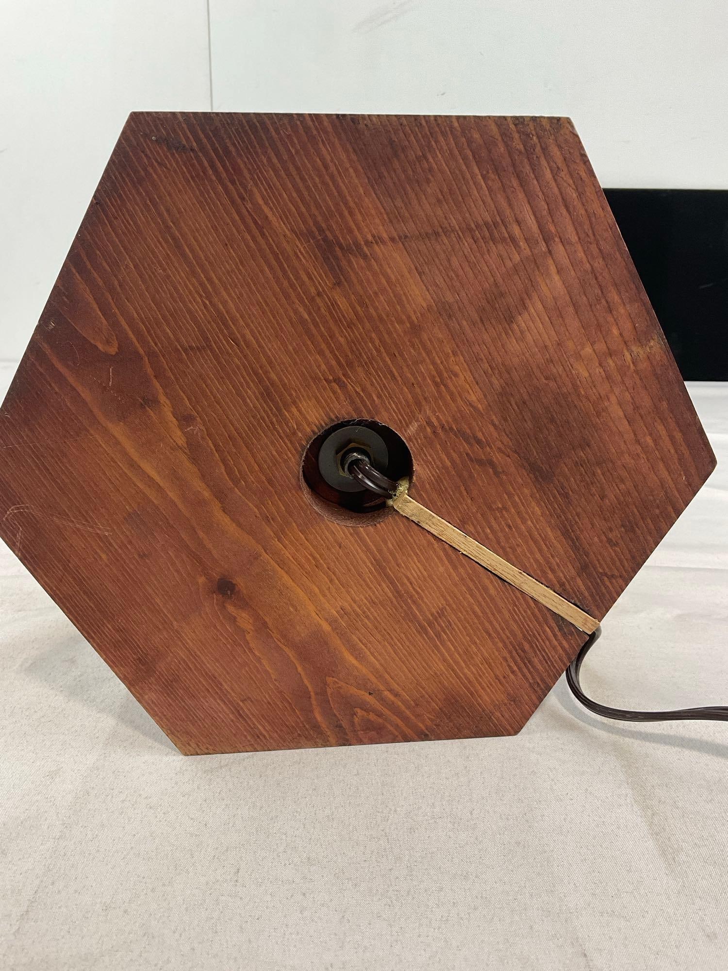 Wooden Hanging Lantern Amber Light, w/Hammered Copper Roof 15h x 10w x 10d inches, tested, works - 4