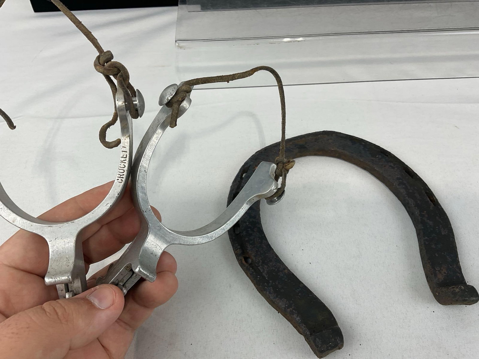 Vintage Engraved Spurs & Large Cast Iron Horseshoe - 2