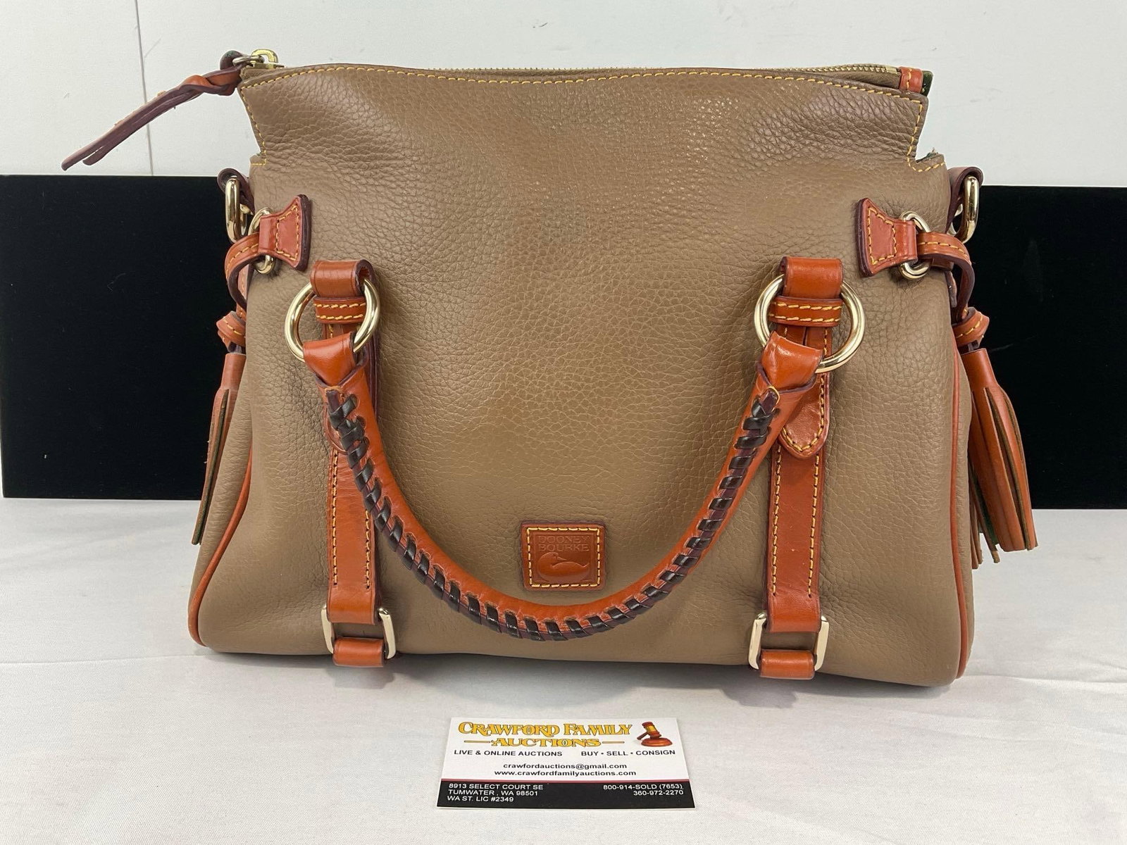 Dooney & Bourke Florentine Vachetta British Tan Leather Satchel, Green Velvet & Pink Lining: See pics for condition. Measures approx 11h x 14w x 7d inches. E-6420