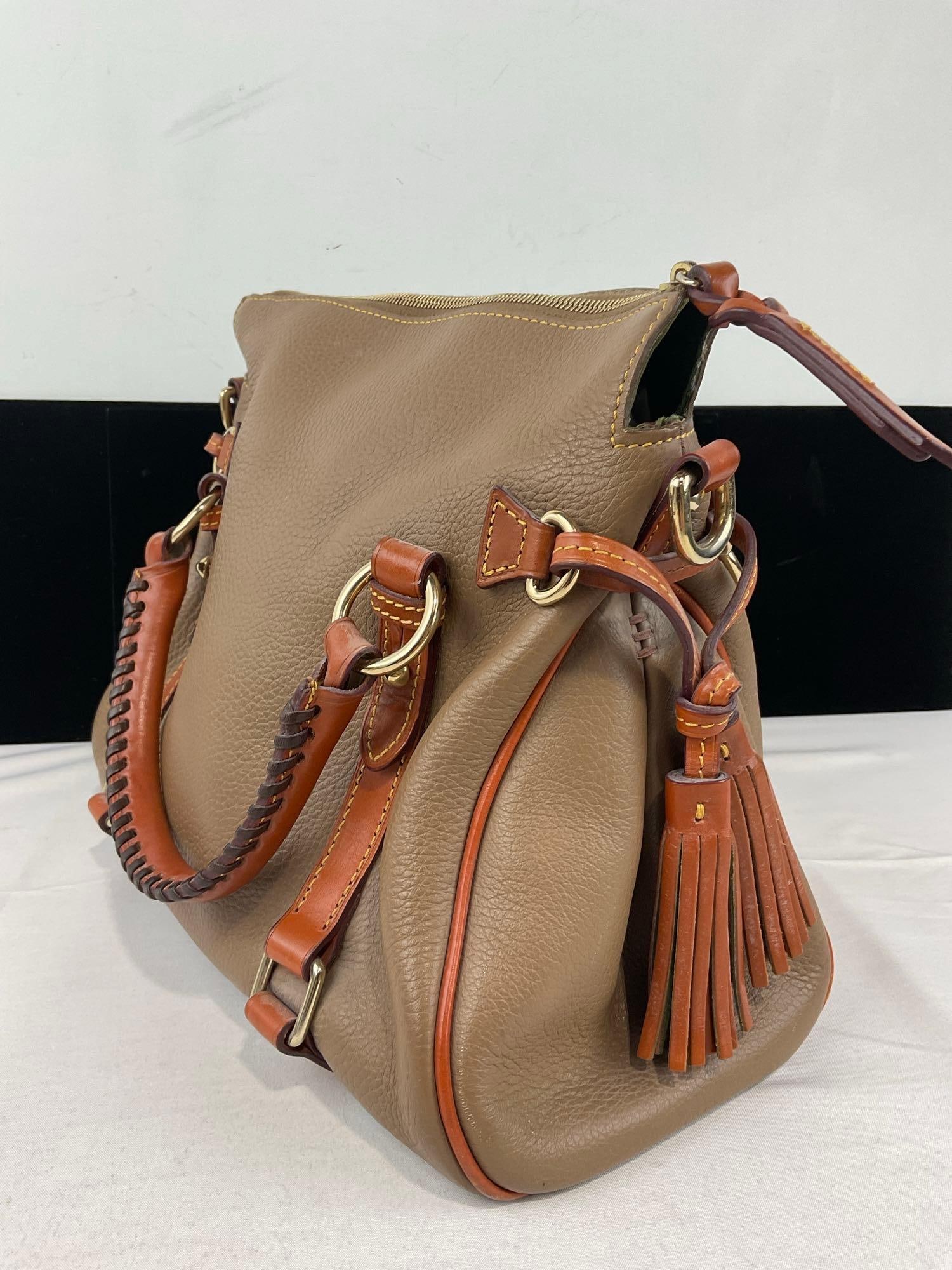 Dooney & Bourke Florentine Vachetta British Tan Leather Satchel, Green Velvet & Pink Lining - 2