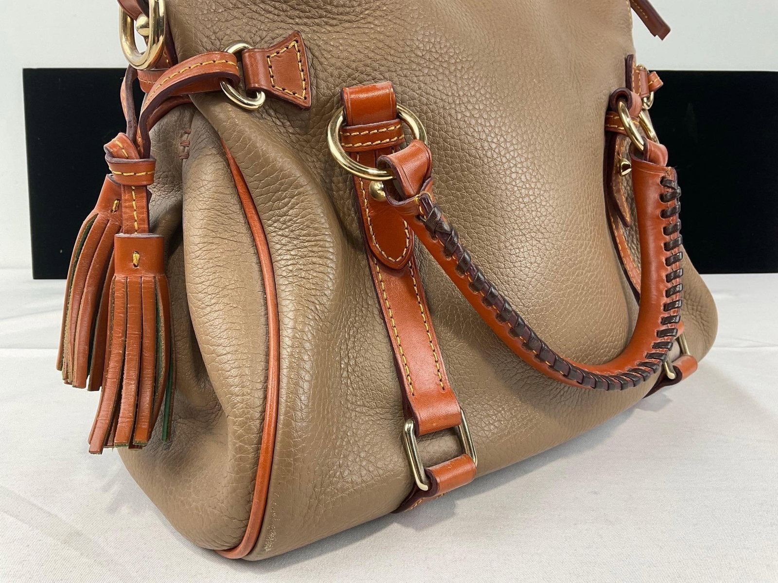 Dooney & Bourke Florentine Vachetta British Tan Leather Satchel, Green Velvet & Pink Lining - 3