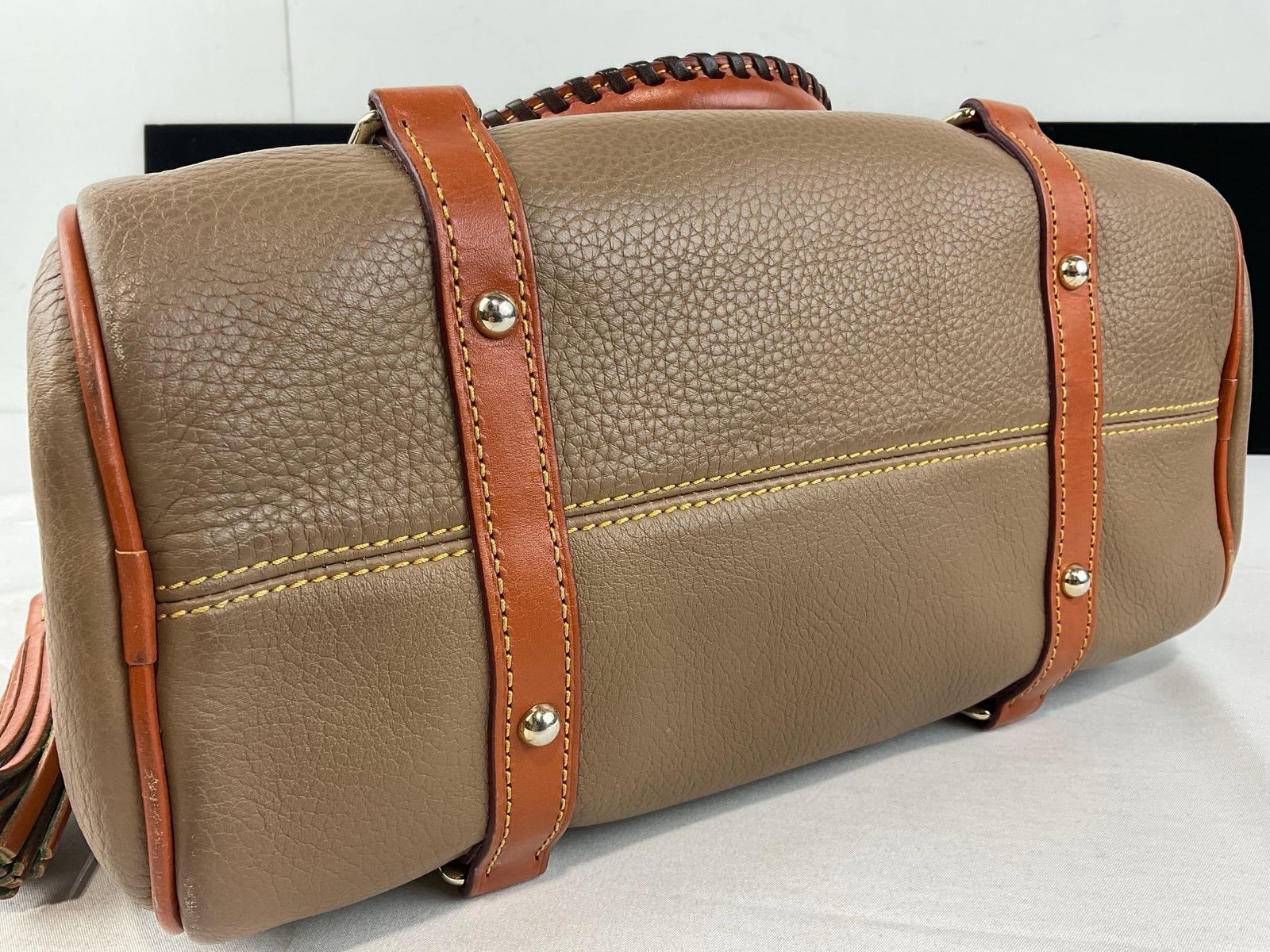 Dooney & Bourke Florentine Vachetta British Tan Leather Satchel, Green Velvet & Pink Lining - 4