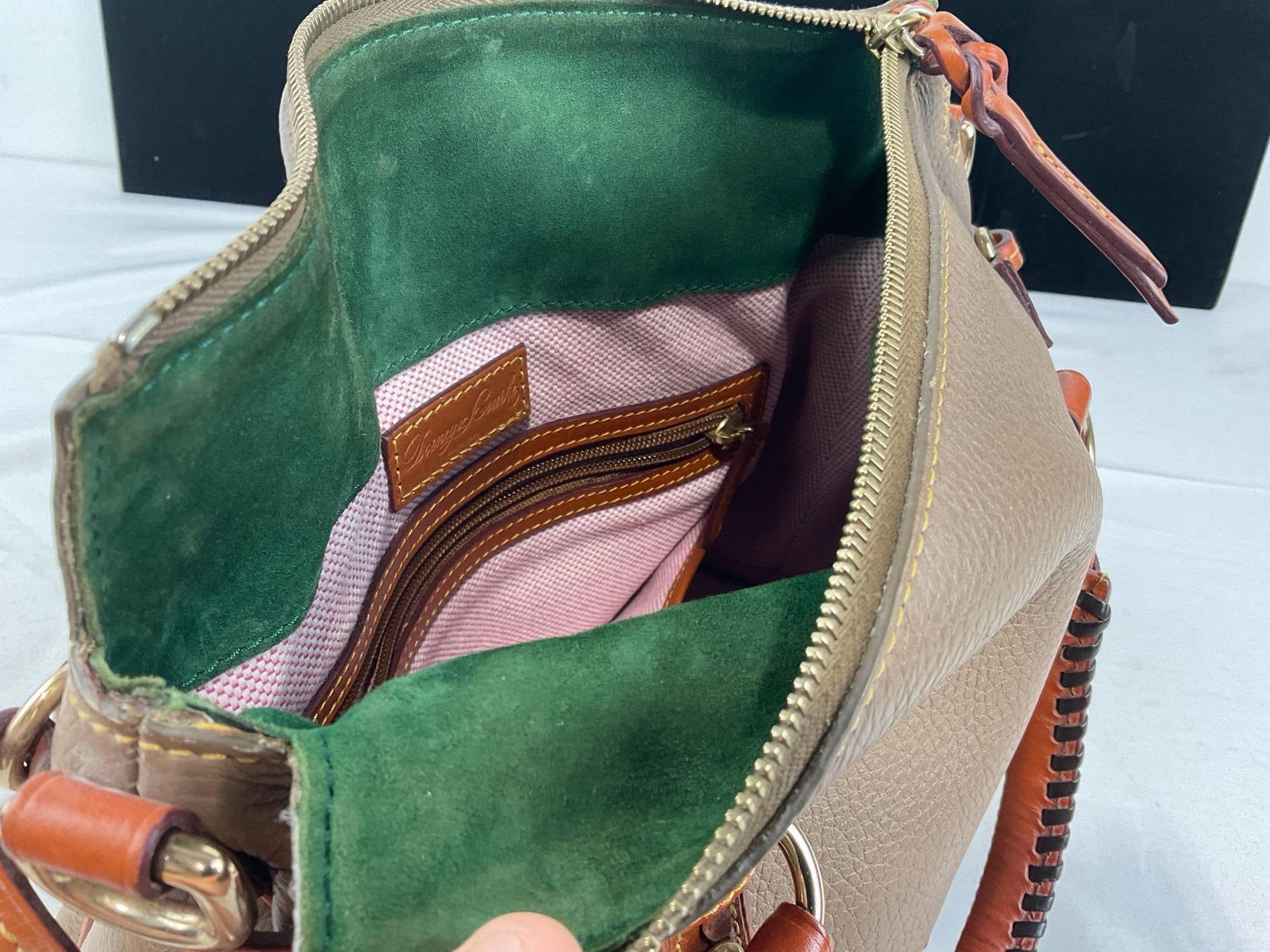Dooney & Bourke Florentine Vachetta British Tan Leather Satchel, Green Velvet & Pink Lining - 5