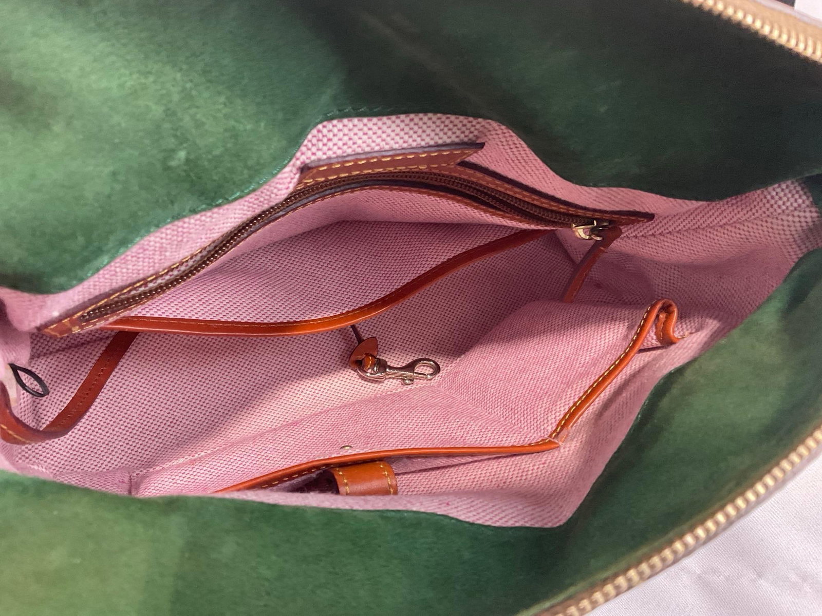 Dooney & Bourke Florentine Vachetta British Tan Leather Satchel, Green Velvet & Pink Lining - 6