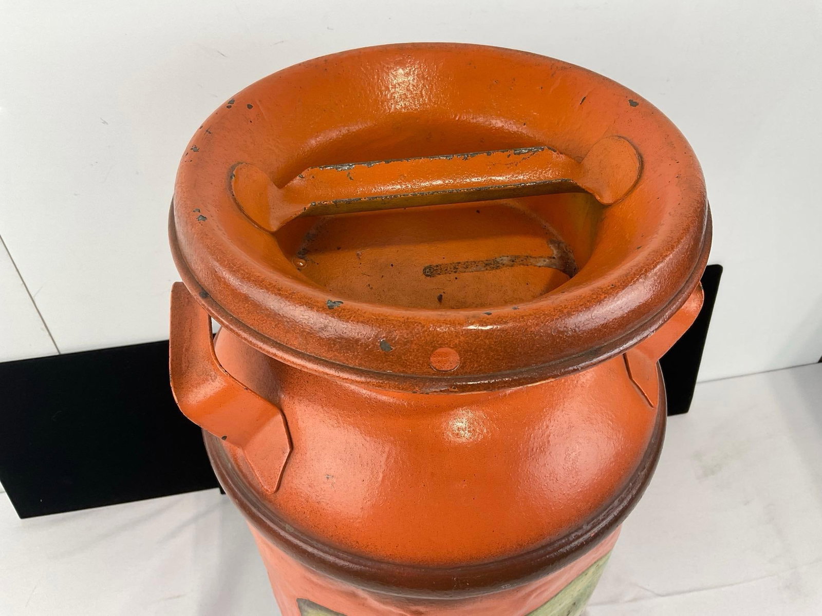 Vintage Sunset Orange 5 Gallon Milk Jug w/Train Scene on paper - 2