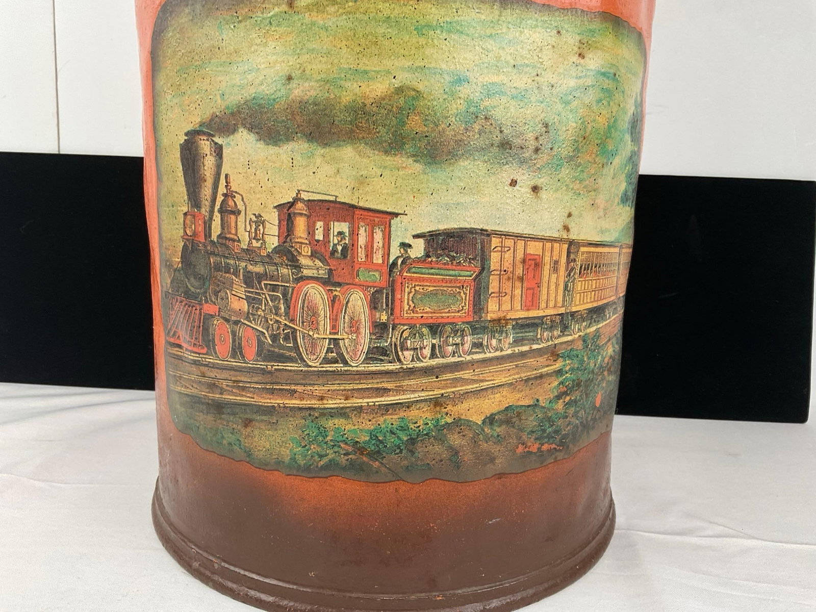 Vintage Sunset Orange 5 Gallon Milk Jug w/Train Scene on paper - 4