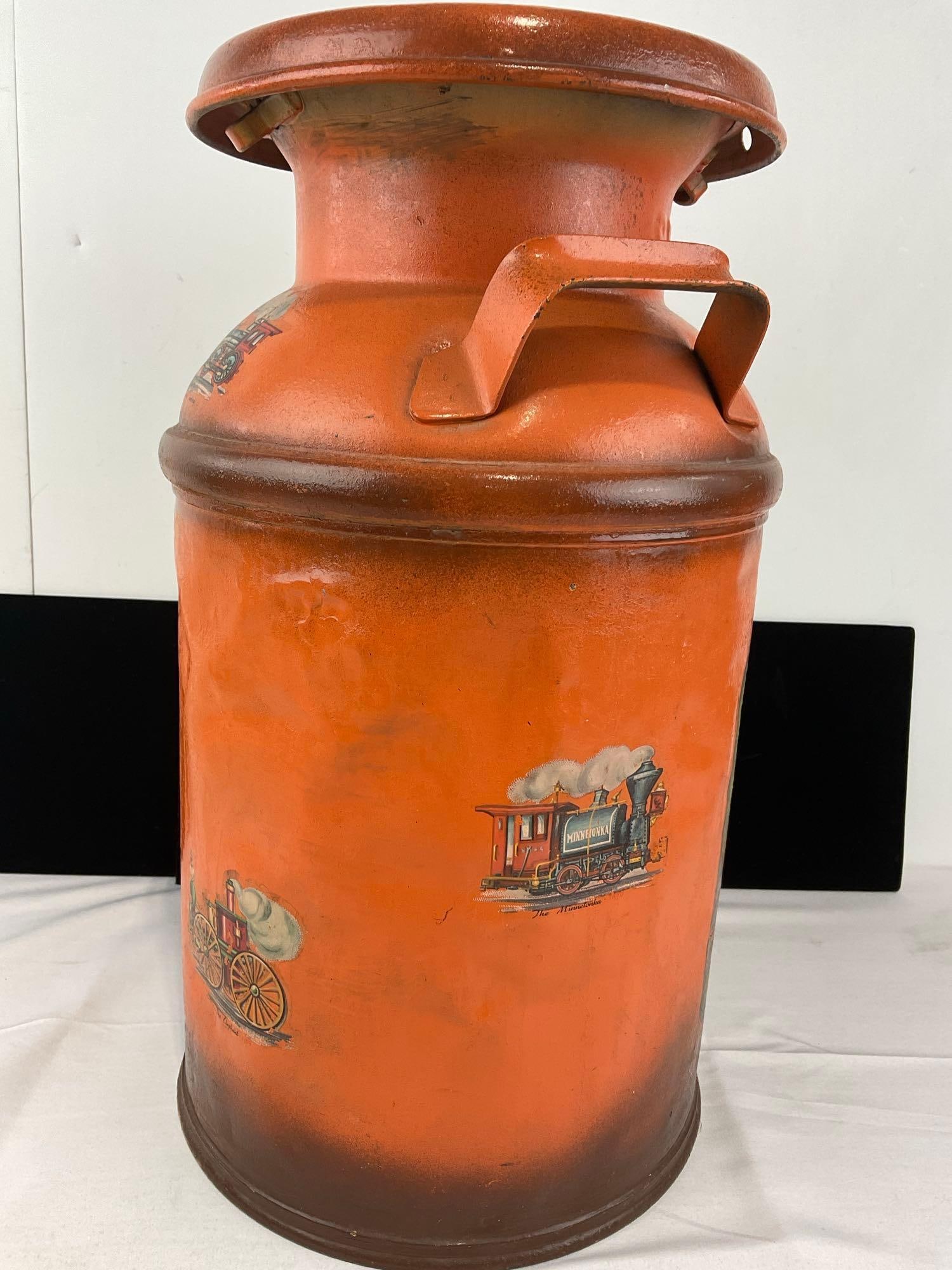 Vintage Sunset Orange 5 Gallon Milk Jug w/Train Scene on paper - 5