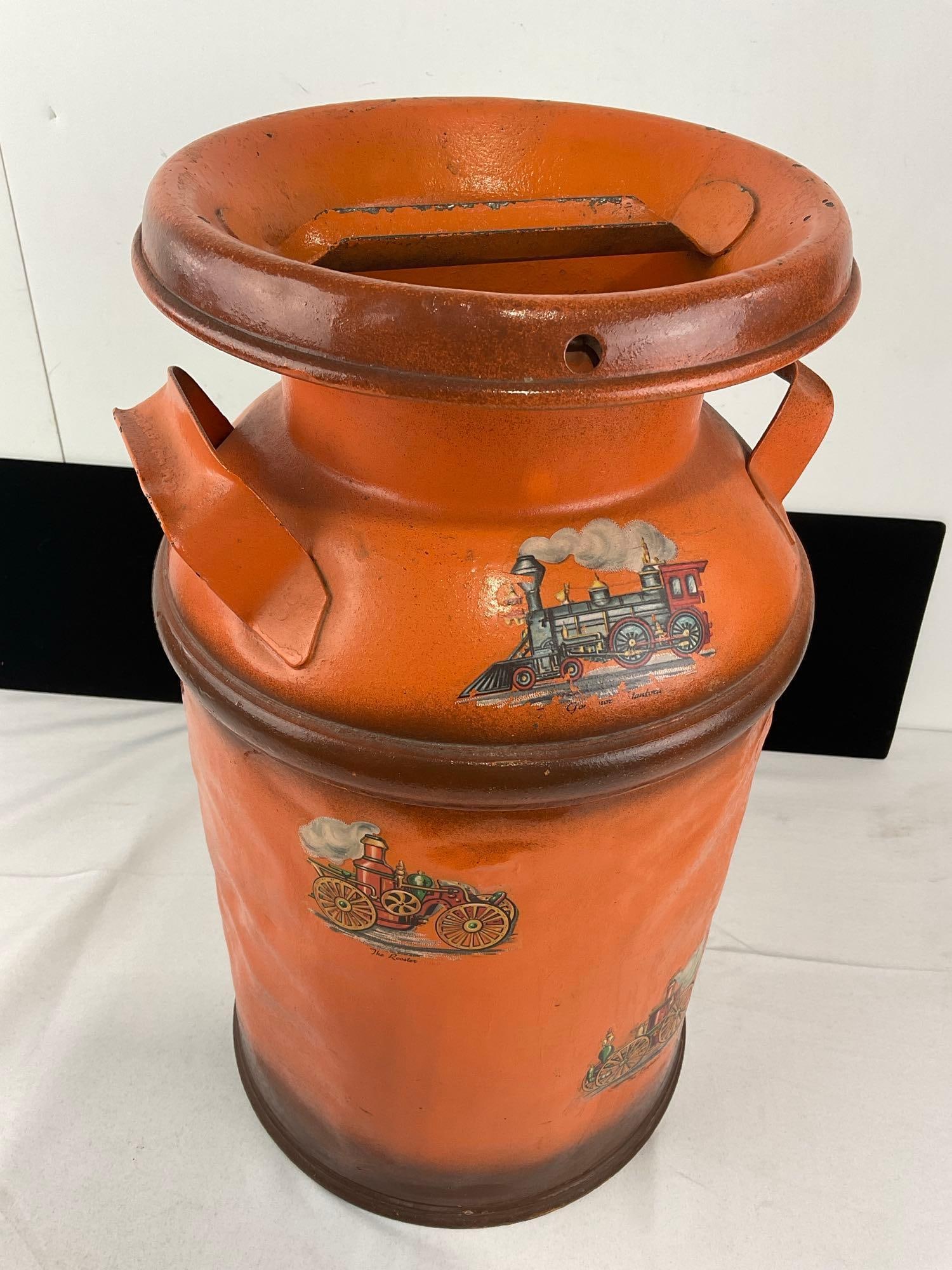 Vintage Sunset Orange 5 Gallon Milk Jug w/Train Scene on paper - 7