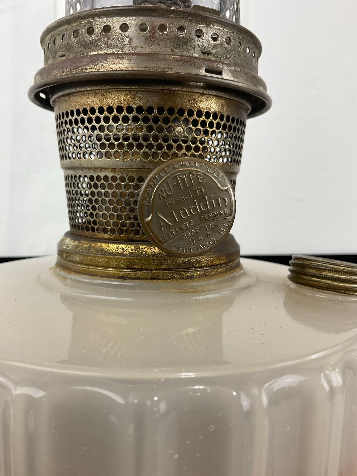 Antique Aladdin Nu-Type Model B Milk Glass Oil Lamp, w/chimney, w/wicks - 2