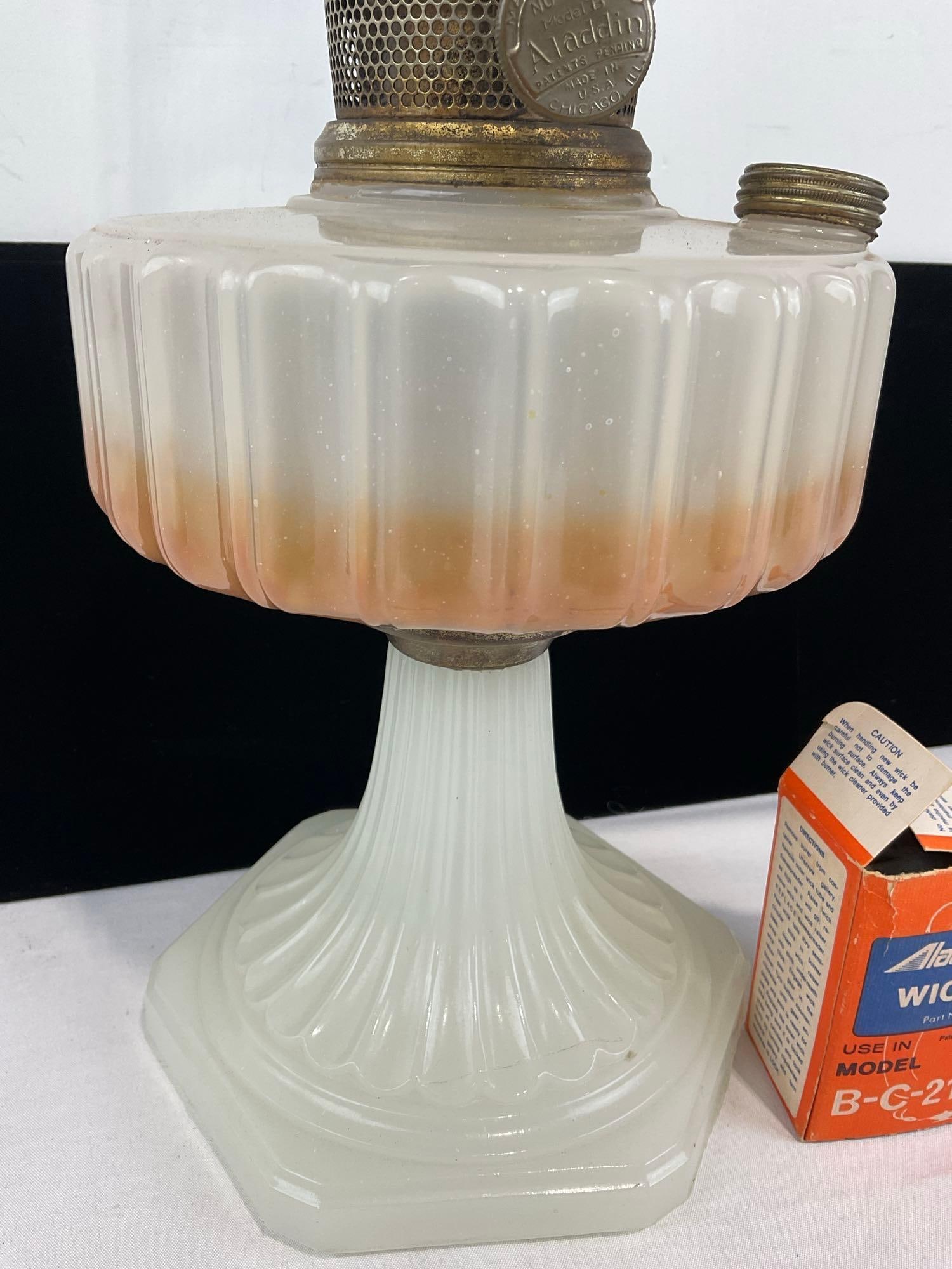 Antique Aladdin Nu-Type Model B Milk Glass Oil Lamp, w/chimney, w/wicks - 4