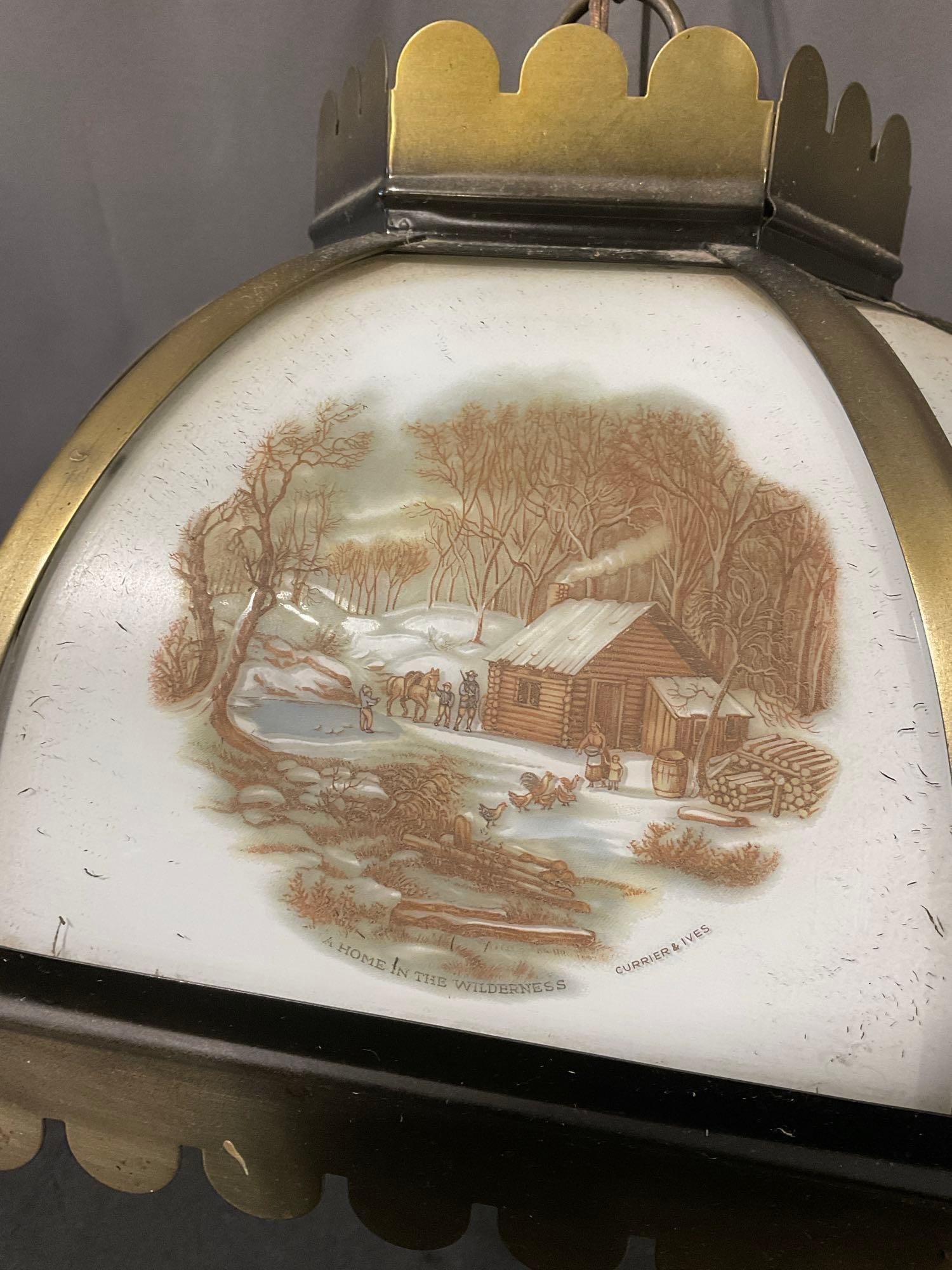 6 Panel Hanging Lamp w/Currier & Ives Glass Panels, 15x15x15 inches - 2