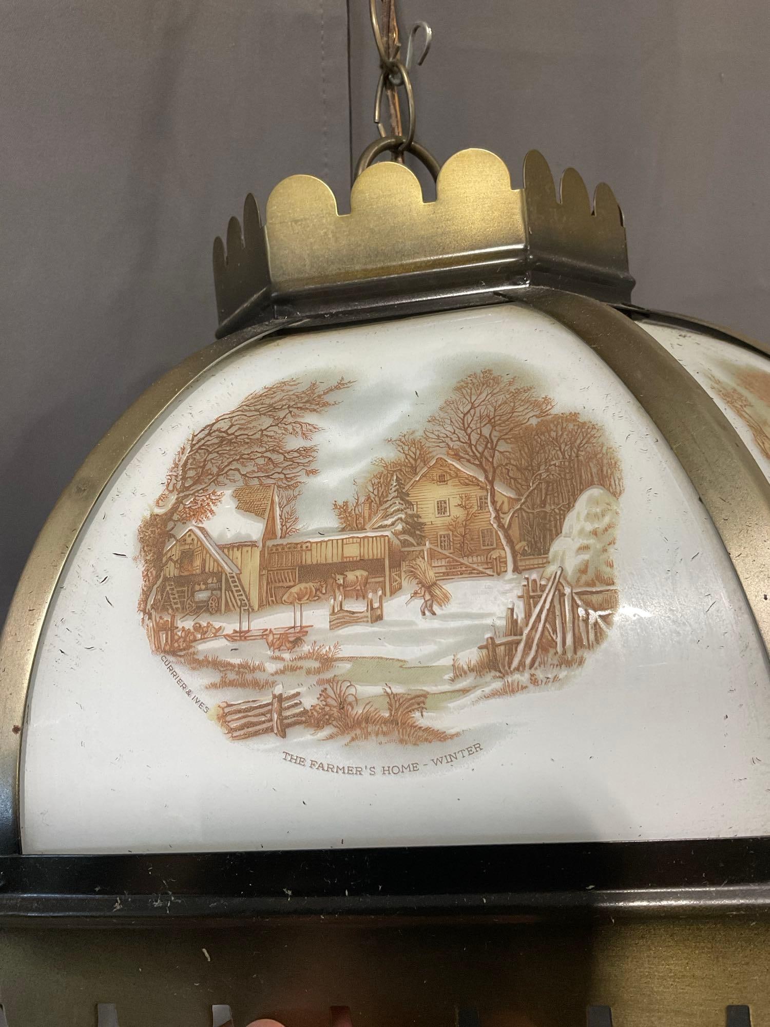 6 Panel Hanging Lamp w/Currier & Ives Glass Panels, 15x15x15 inches - 4