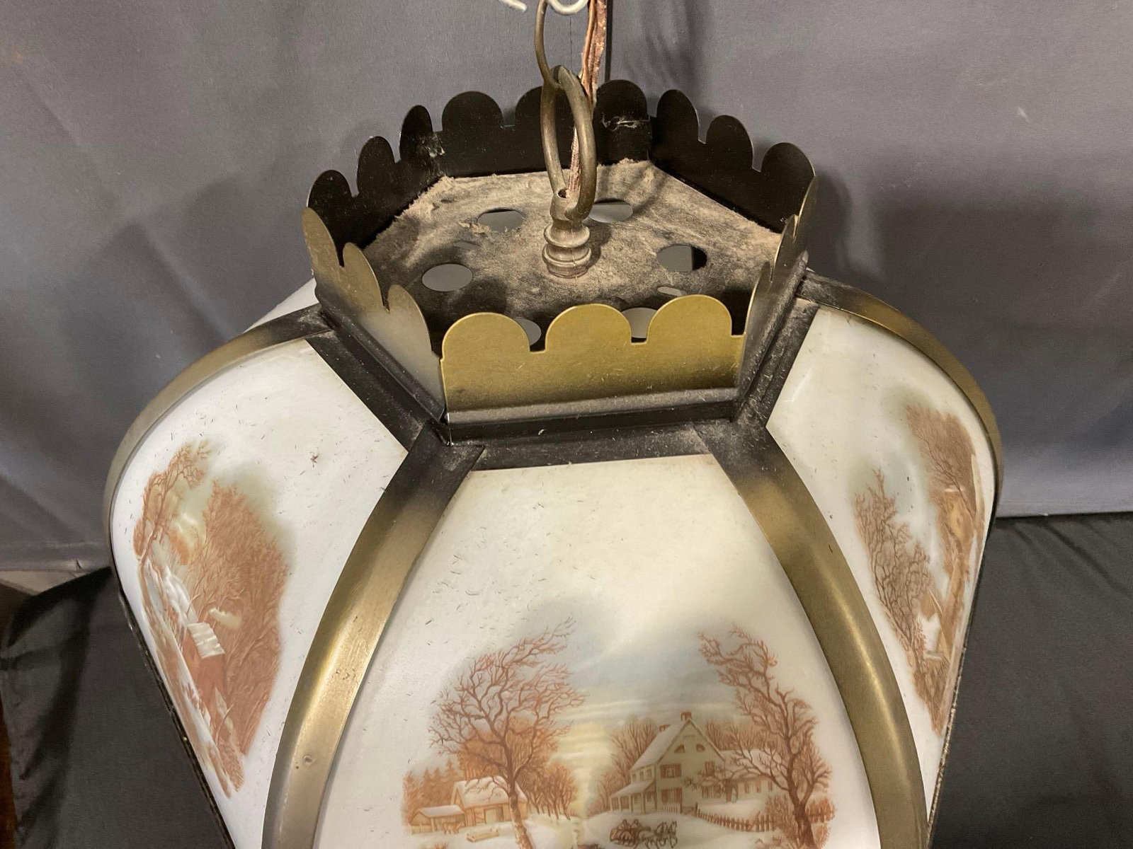 6 Panel Hanging Lamp w/Currier & Ives Glass Panels, 15x15x15 inches - 7