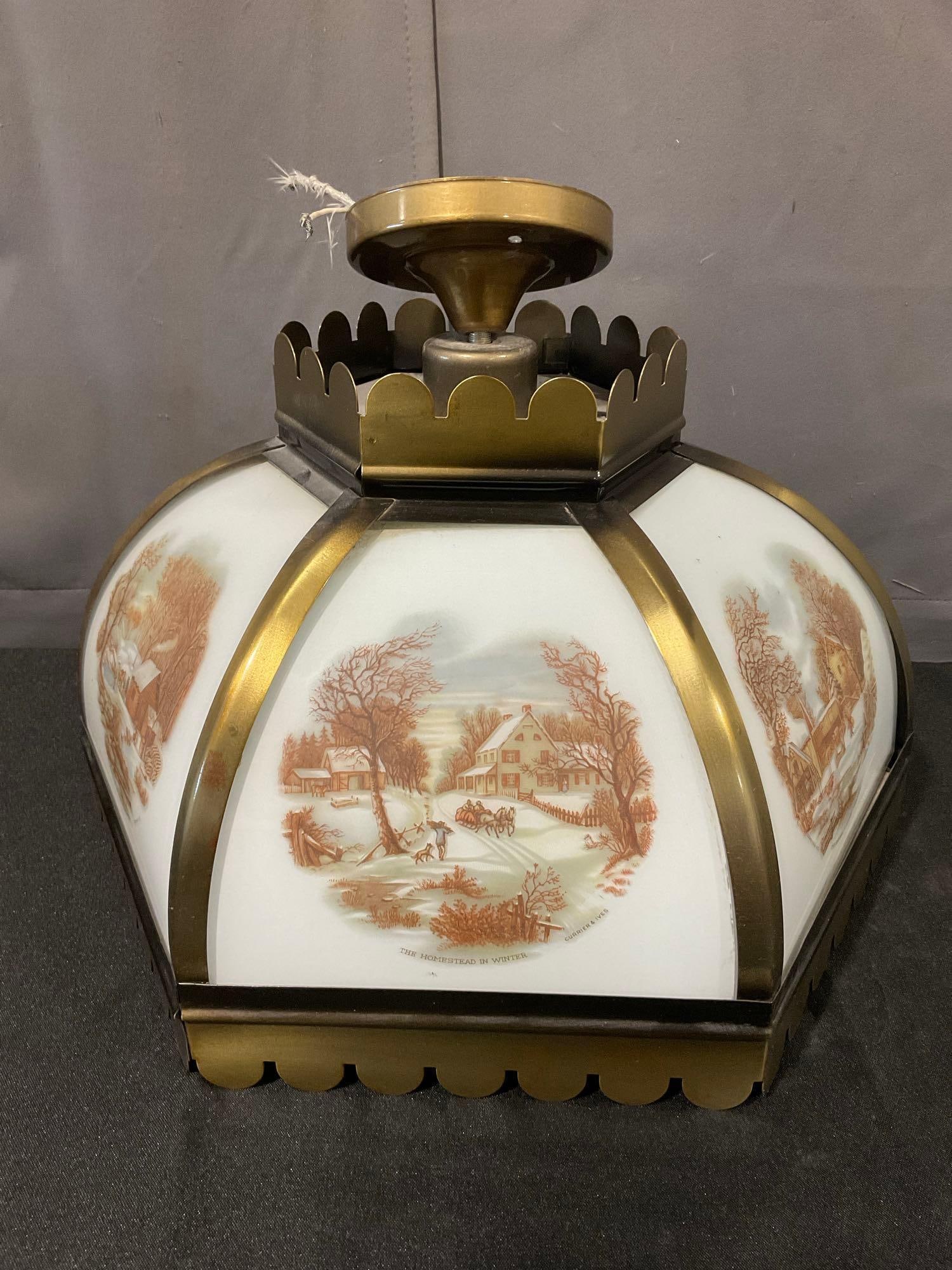 6 Panel Currier & Ives Glass Panel Lamp, Ceiling Mounted, 15x15x15 inches: Similar to the last piece. Hardwired, not able to test, sold as is. See pics for condition. Measures approx 15h x 15w x 15d inches. E-6420 *Oversized shipping may apply*