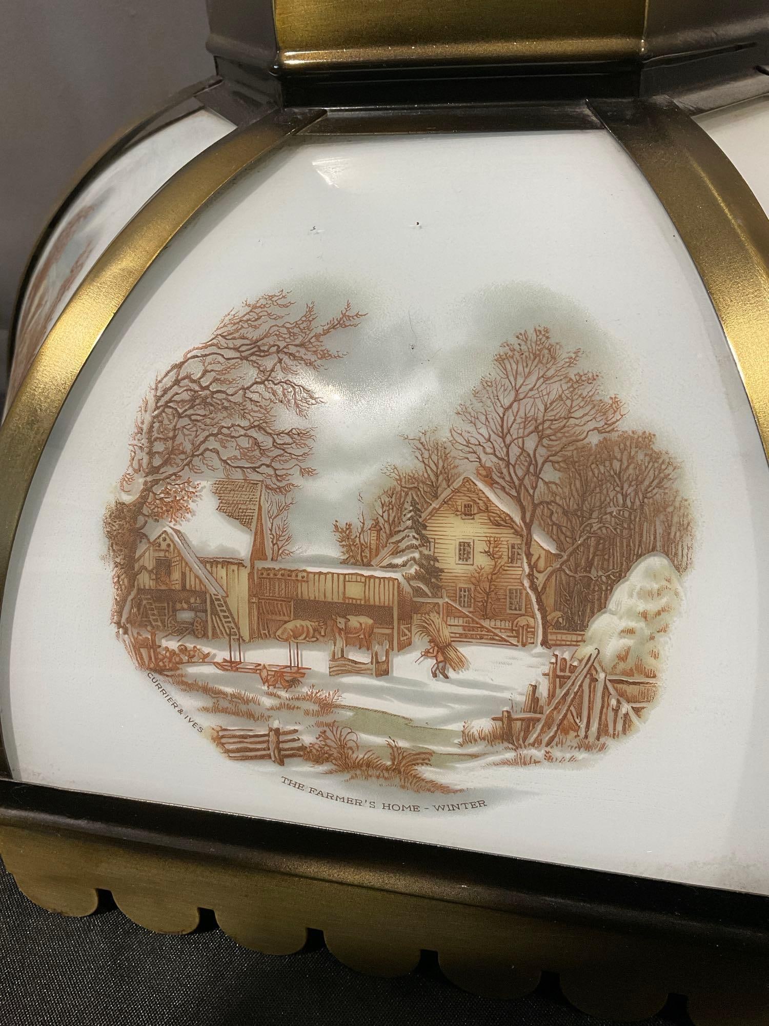 6 Panel Currier & Ives Glass Panel Lamp, Ceiling Mounted, 15x15x15 inches - 3