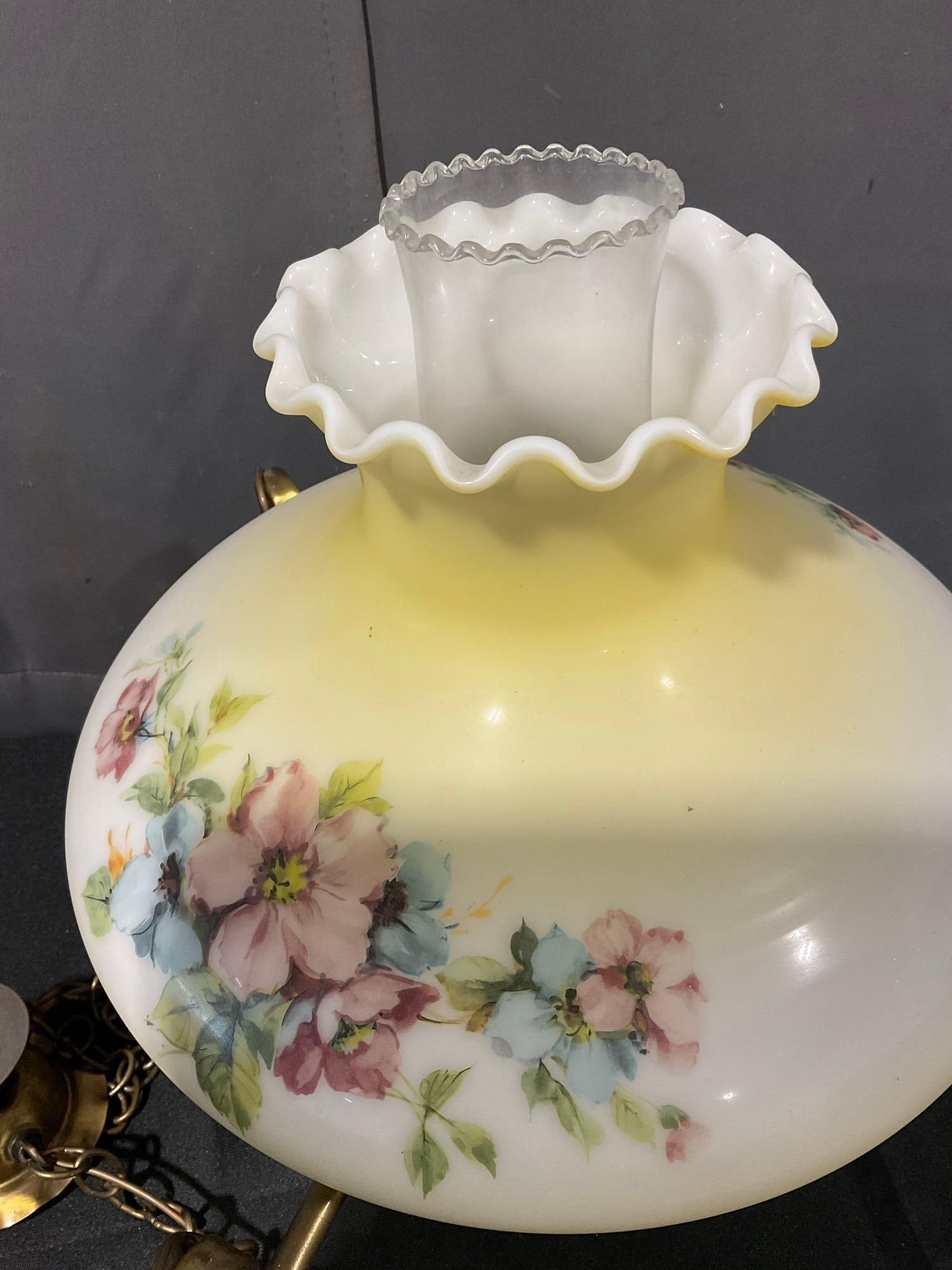 Hanging Vintage Hurricane Lamp, Electrified, Milk Glass w/Floral Design - 2