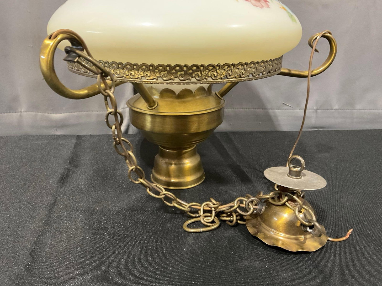 Hanging Vintage Hurricane Lamp, Electrified, Milk Glass w/Floral Design - 3