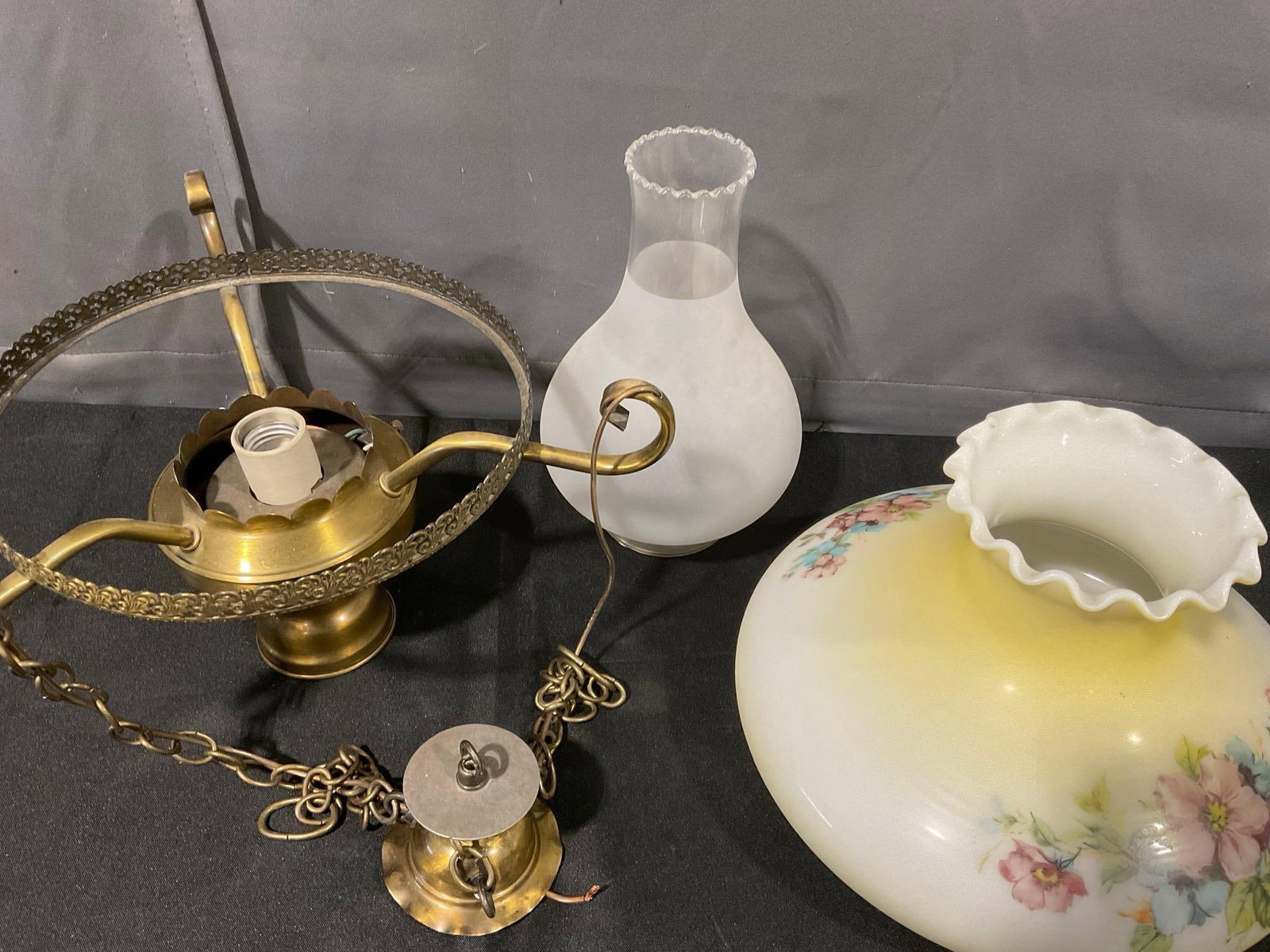Hanging Vintage Hurricane Lamp, Electrified, Milk Glass w/Floral Design - 4