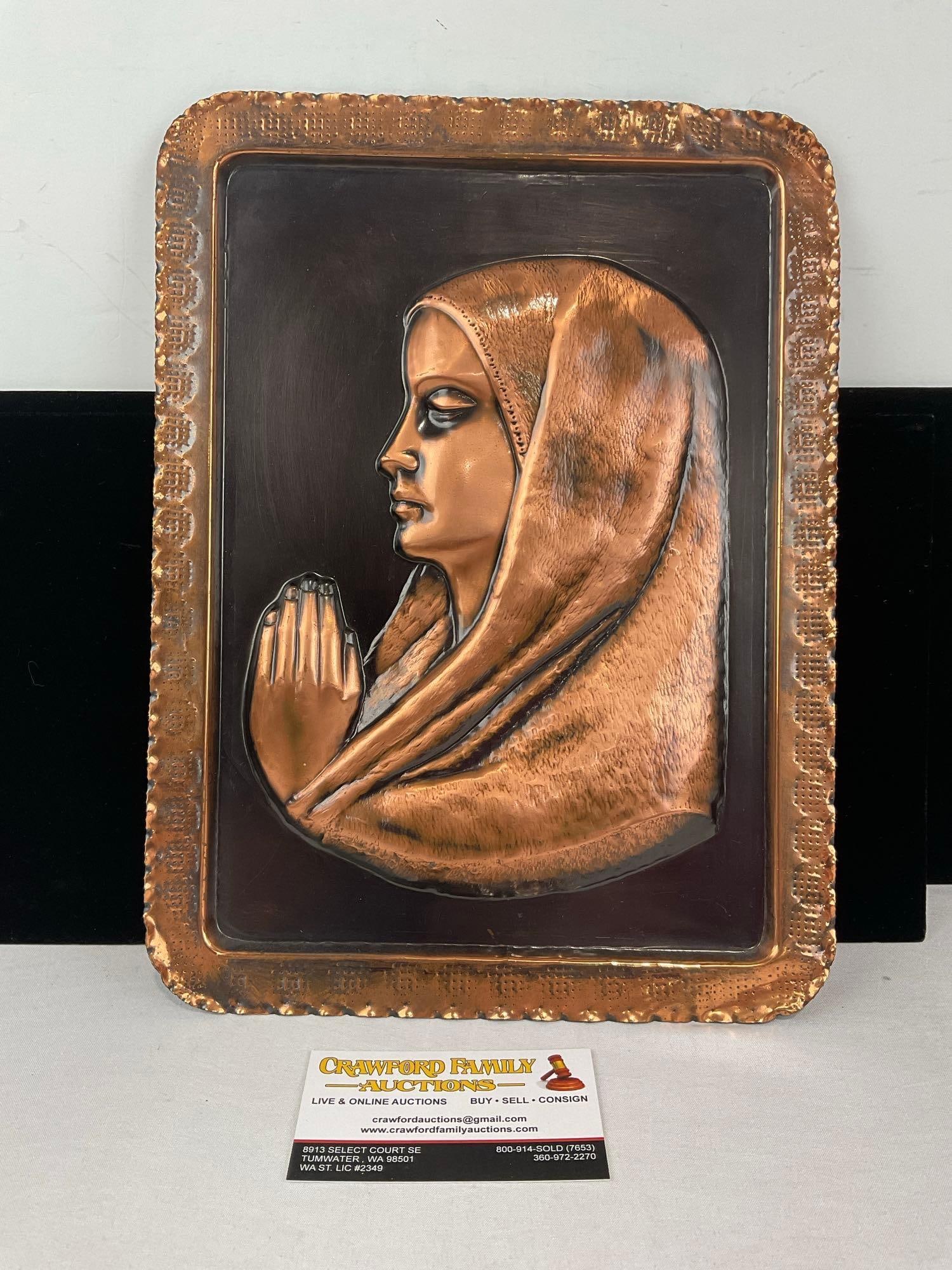 Vintage Embossed Copper Wall Plaque Virgin Mary Icon, 13x11 inches: See pics for condition. Measures approx 13h x 11w x 3d inches. E-6420