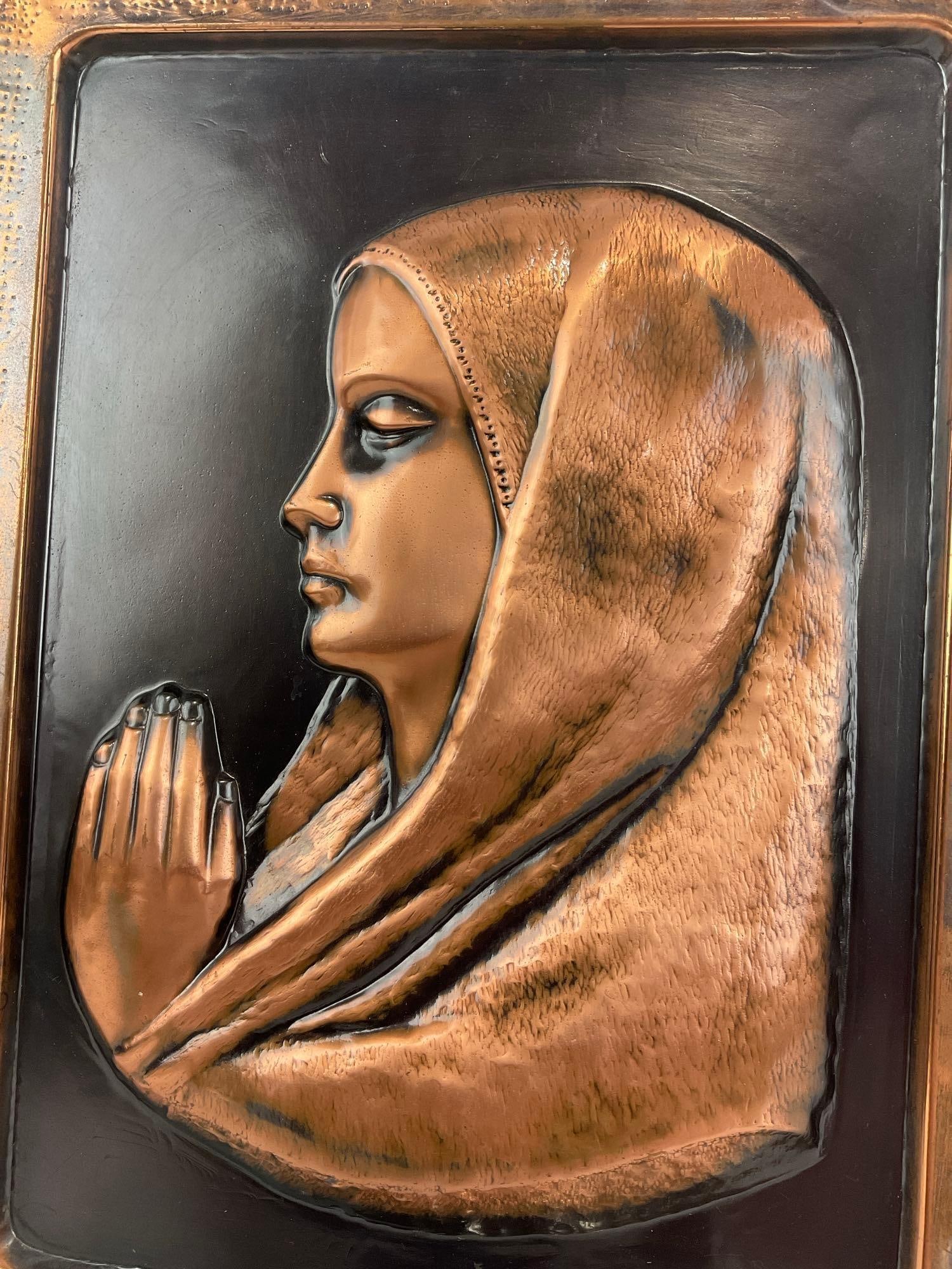Vintage Embossed Copper Wall Plaque Virgin Mary Icon, 13x11 inches - 2