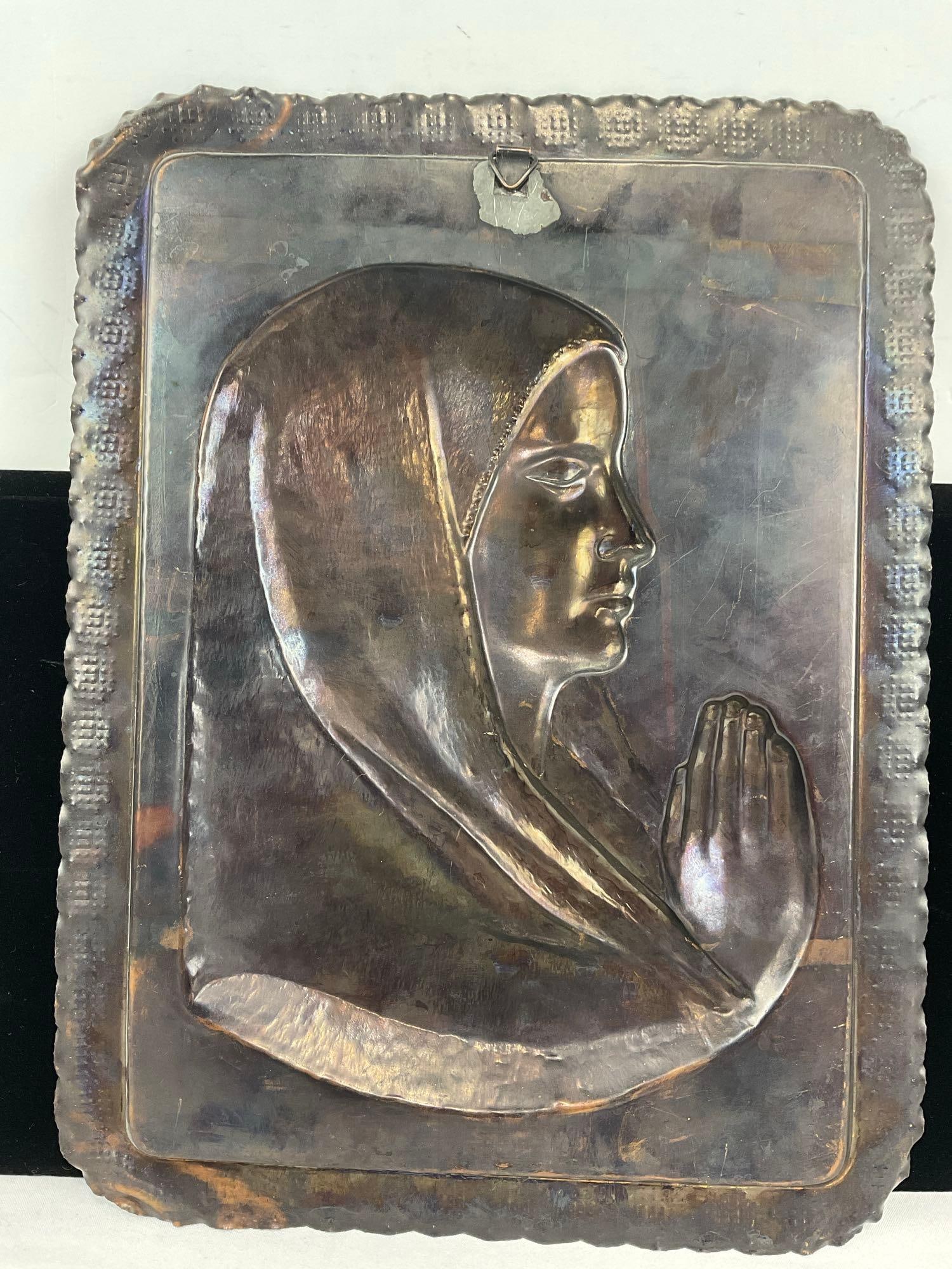 Vintage Embossed Copper Wall Plaque Virgin Mary Icon, 13x11 inches - 3