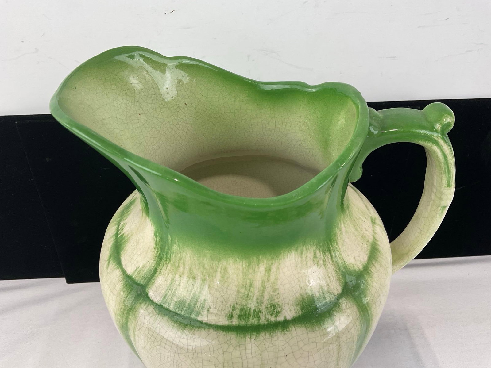 Antique Ceramic Pitcher, Green on White, Wild Strawberry design, 12h x 10w x 8d inches - 3