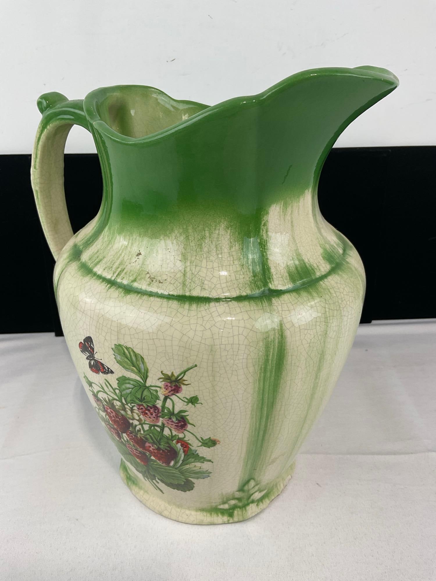Antique Ceramic Pitcher, Green on White, Wild Strawberry design, 12h x 10w x 8d inches - 4