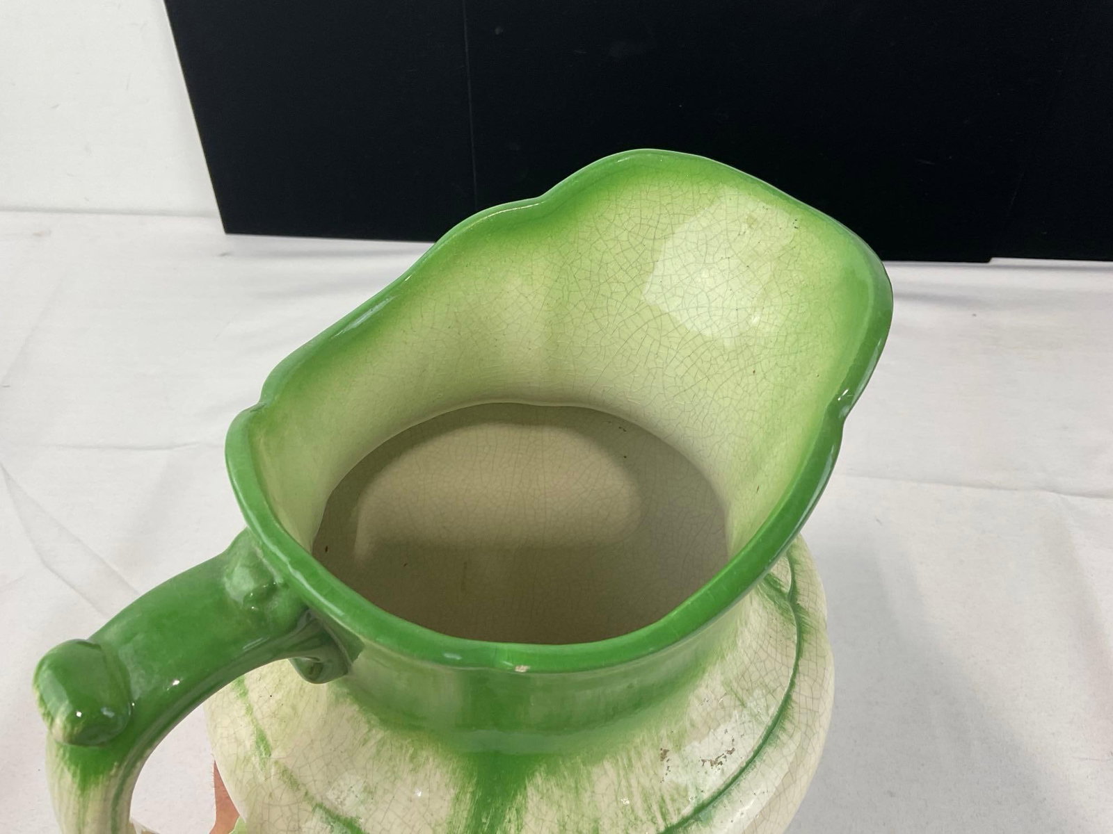 Antique Ceramic Pitcher, Green on White, Wild Strawberry design, 12h x 10w x 8d inches - 5