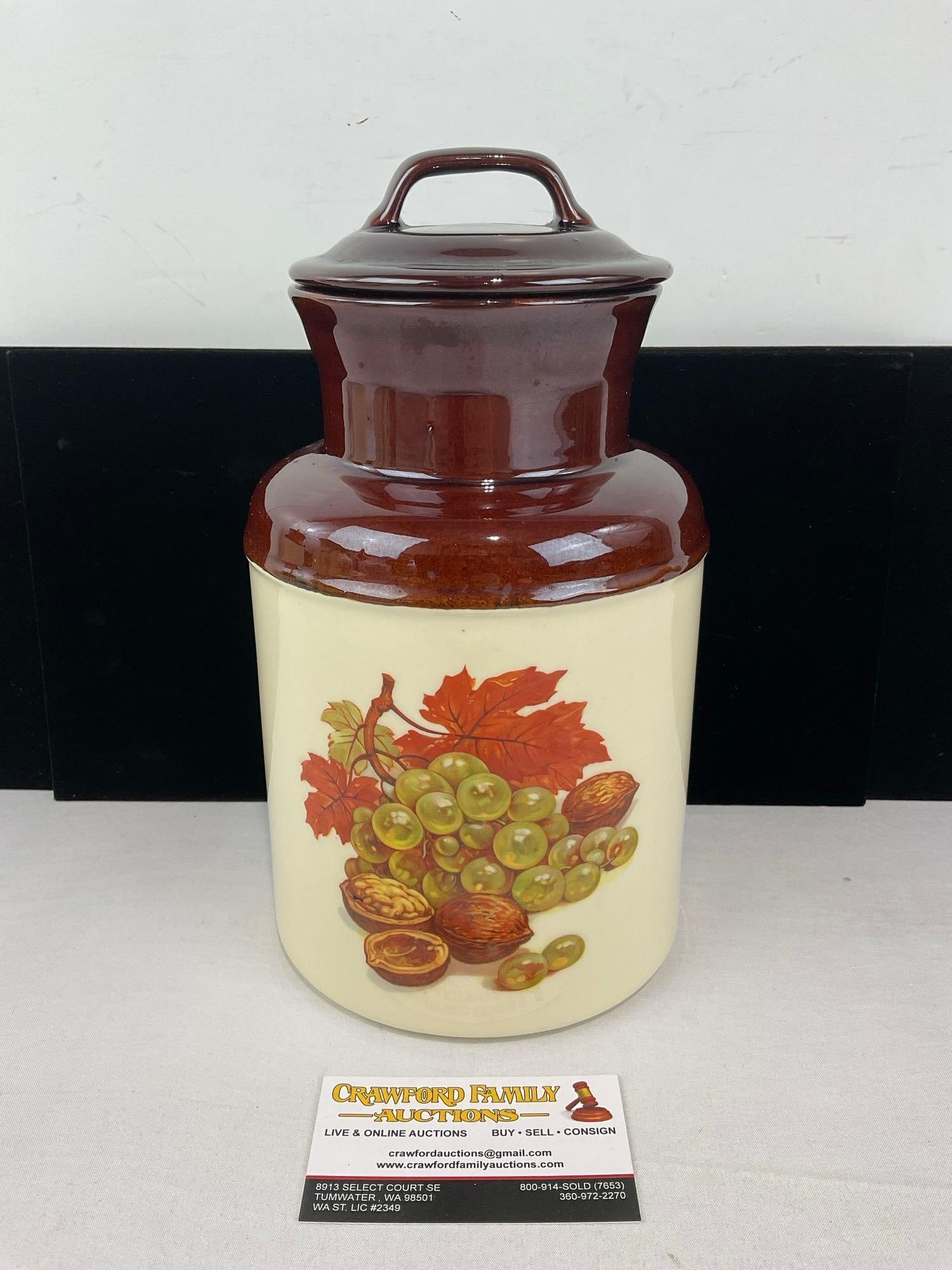Vintage McCoy Kitchen Storage Crock w/lid, Brown & White #253, 11 inches tall: Similar to the last piece, same size. See pics for condition. Measures approx 11h x 7w x 7d inches. E-6420