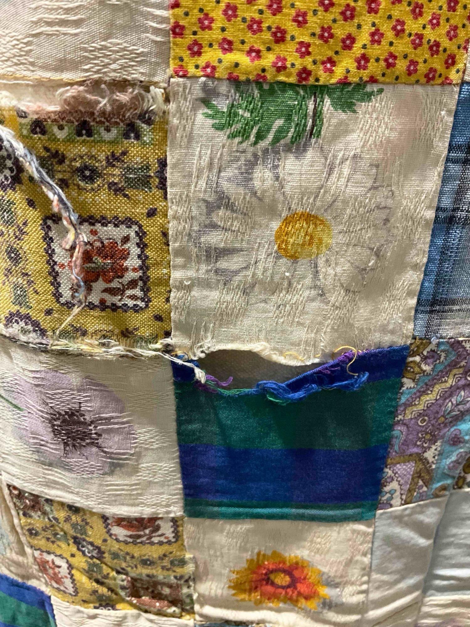 Vintage Yellow & Blue Hand Quilted Patchwork Blanket Bedspread. Measures 42" x 54" x 1" - 2