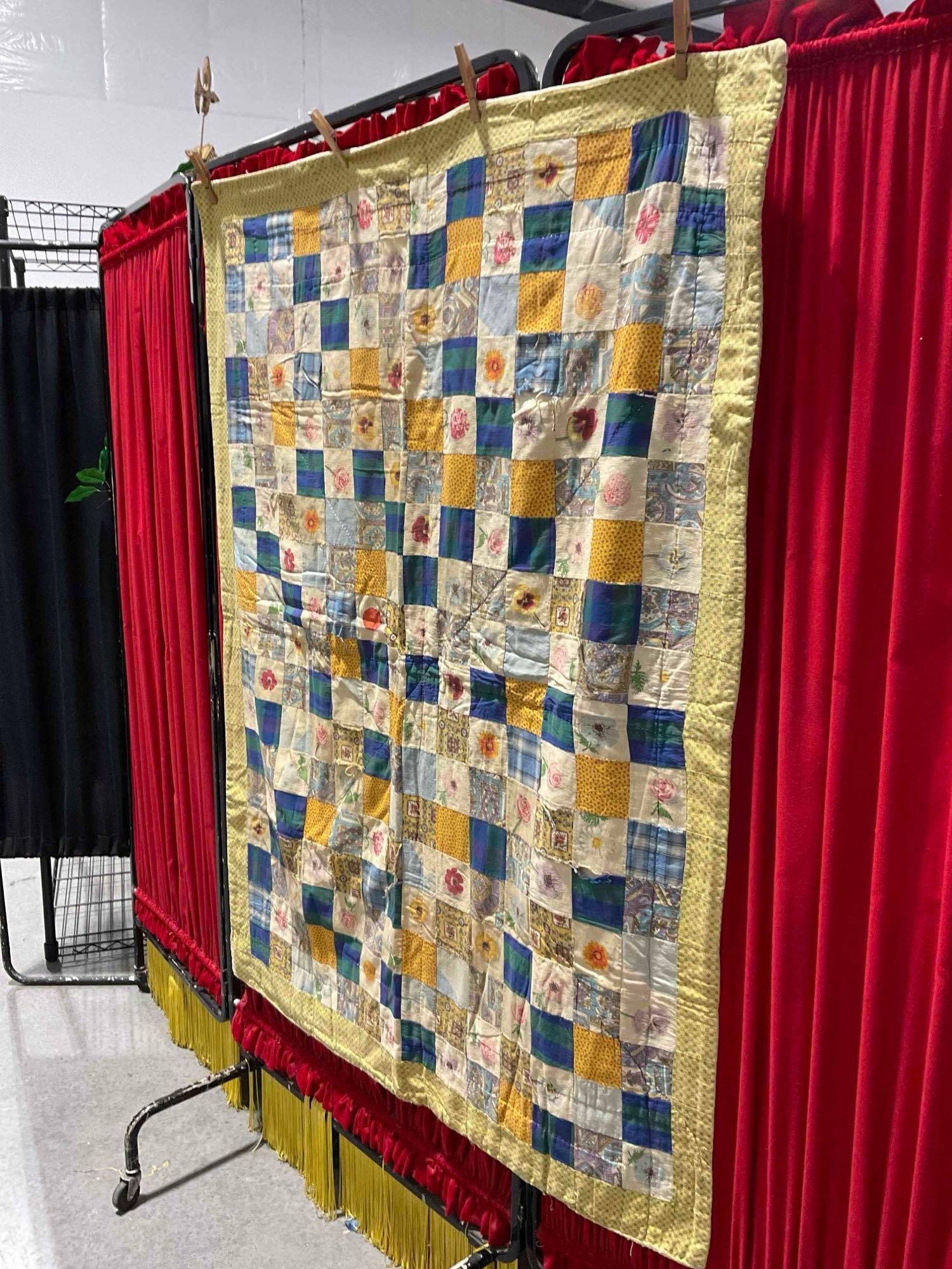 Vintage Yellow & Blue Hand Quilted Patchwork Blanket Bedspread. Measures 42" x 54" x 1" - 3
