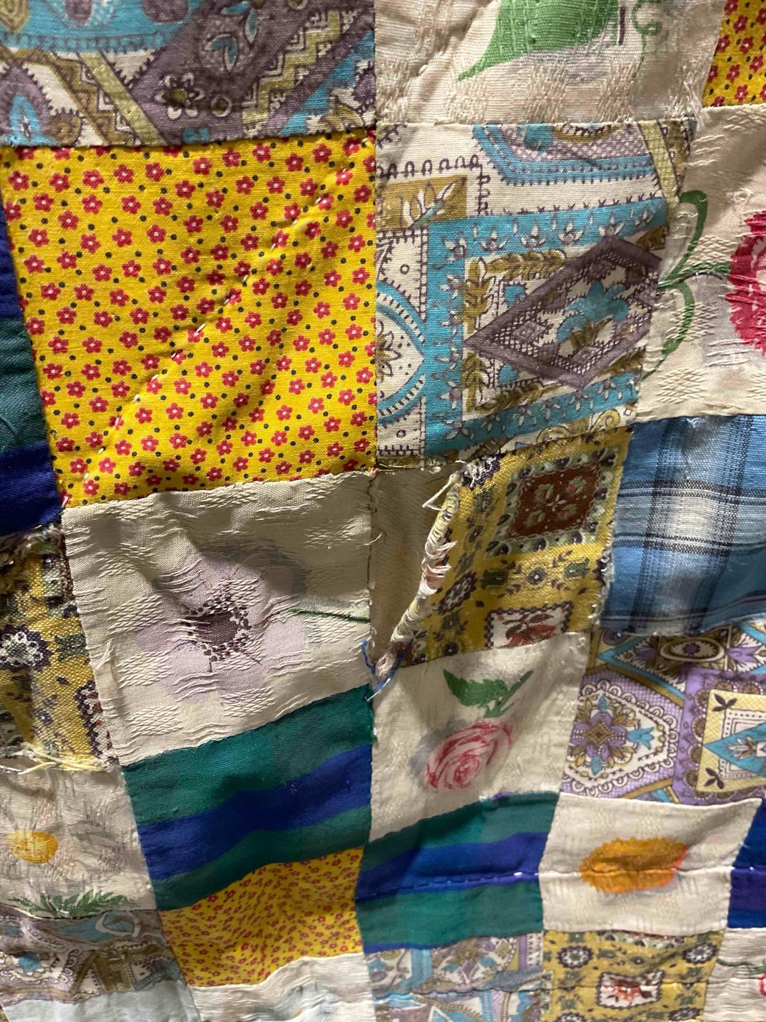 Vintage Yellow & Blue Hand Quilted Patchwork Blanket Bedspread. Measures 42" x 54" x 1" - 4