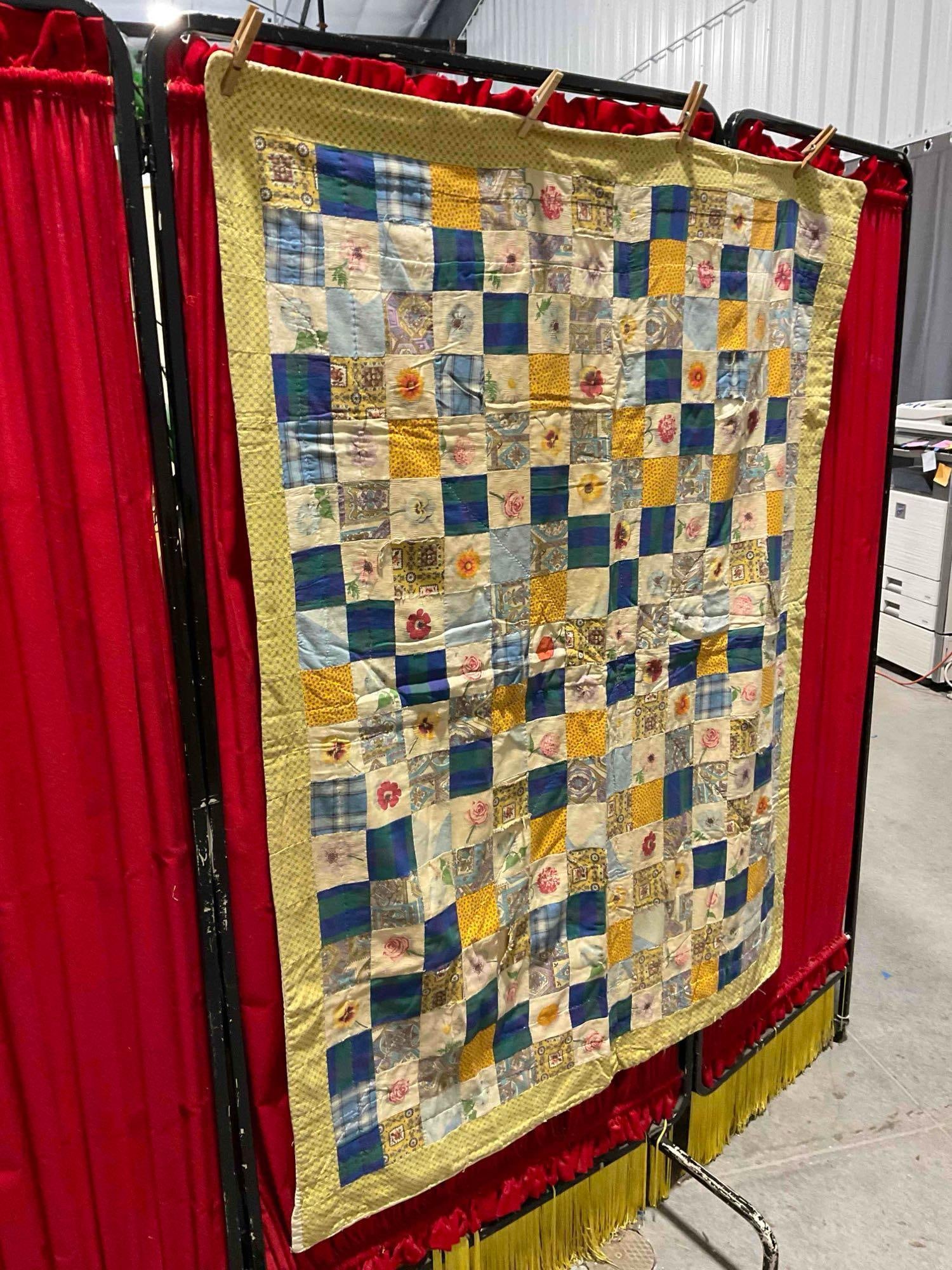 Vintage Yellow & Blue Hand Quilted Patchwork Blanket Bedspread. Measures 42" x 54" x 1" - 5